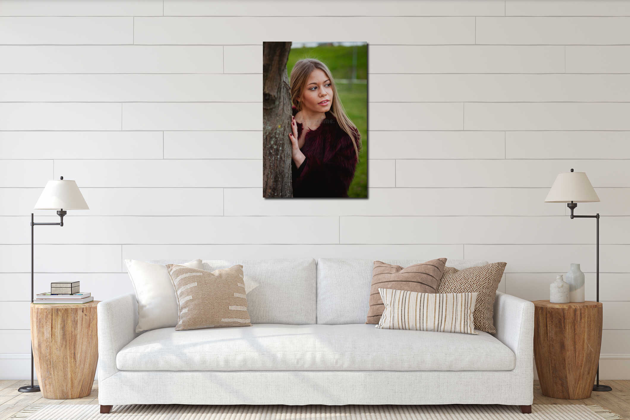 Portrait blonde girl next to a tree trunk interior mockup
