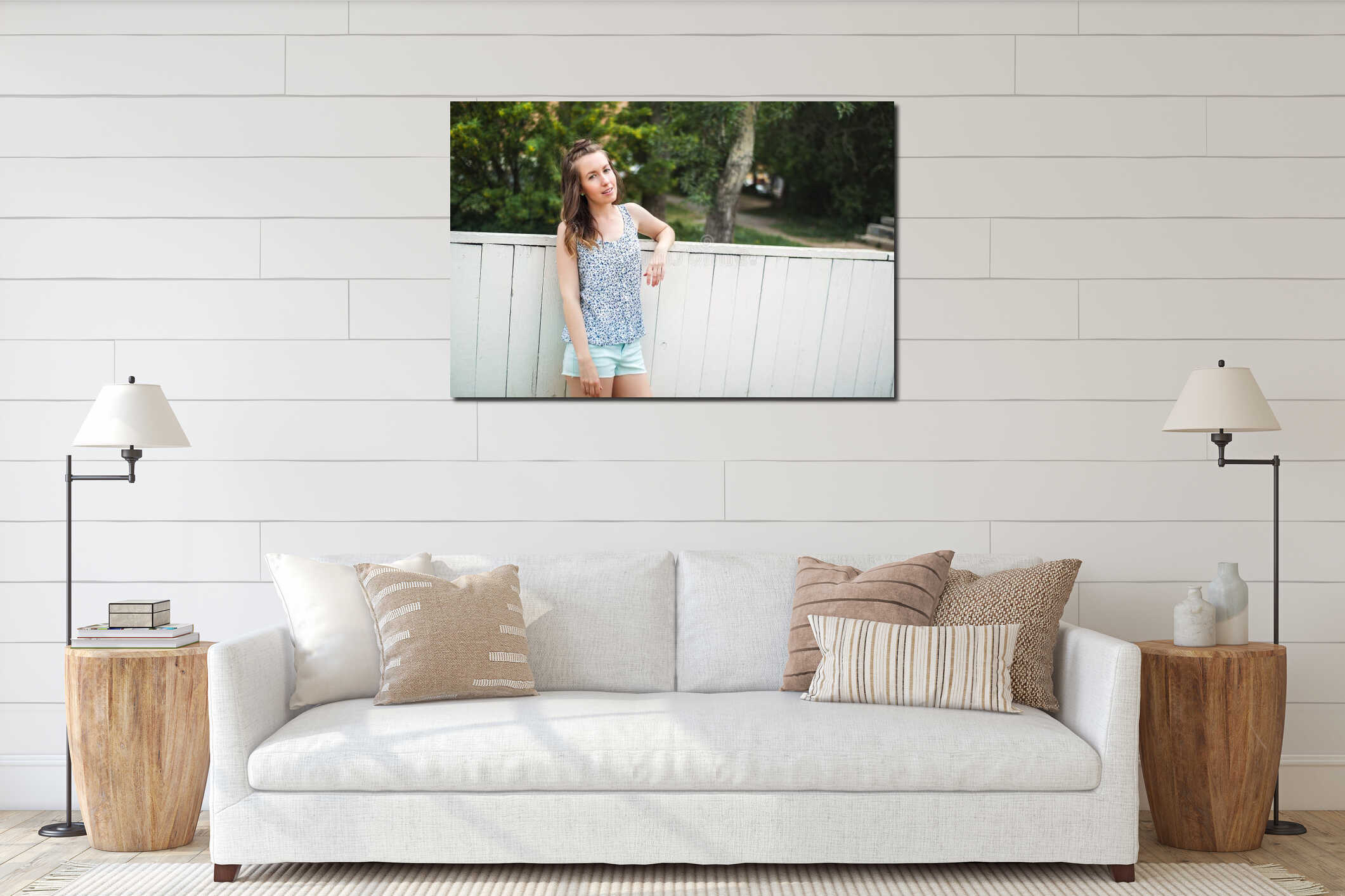 Young cheerful girl wearing shorts standing outdoor interior mockup