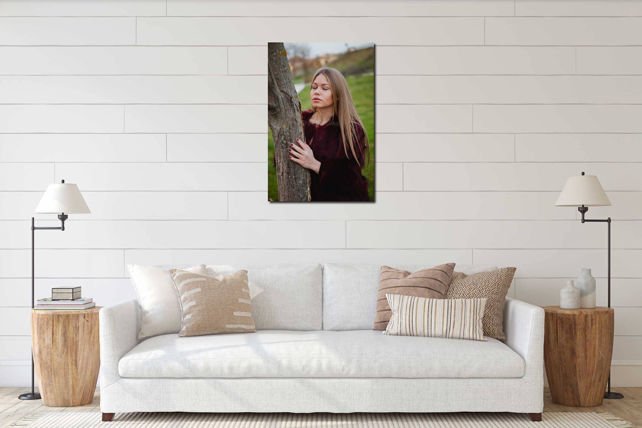 Portrait blonde girl next to a tree trunk interior mockup