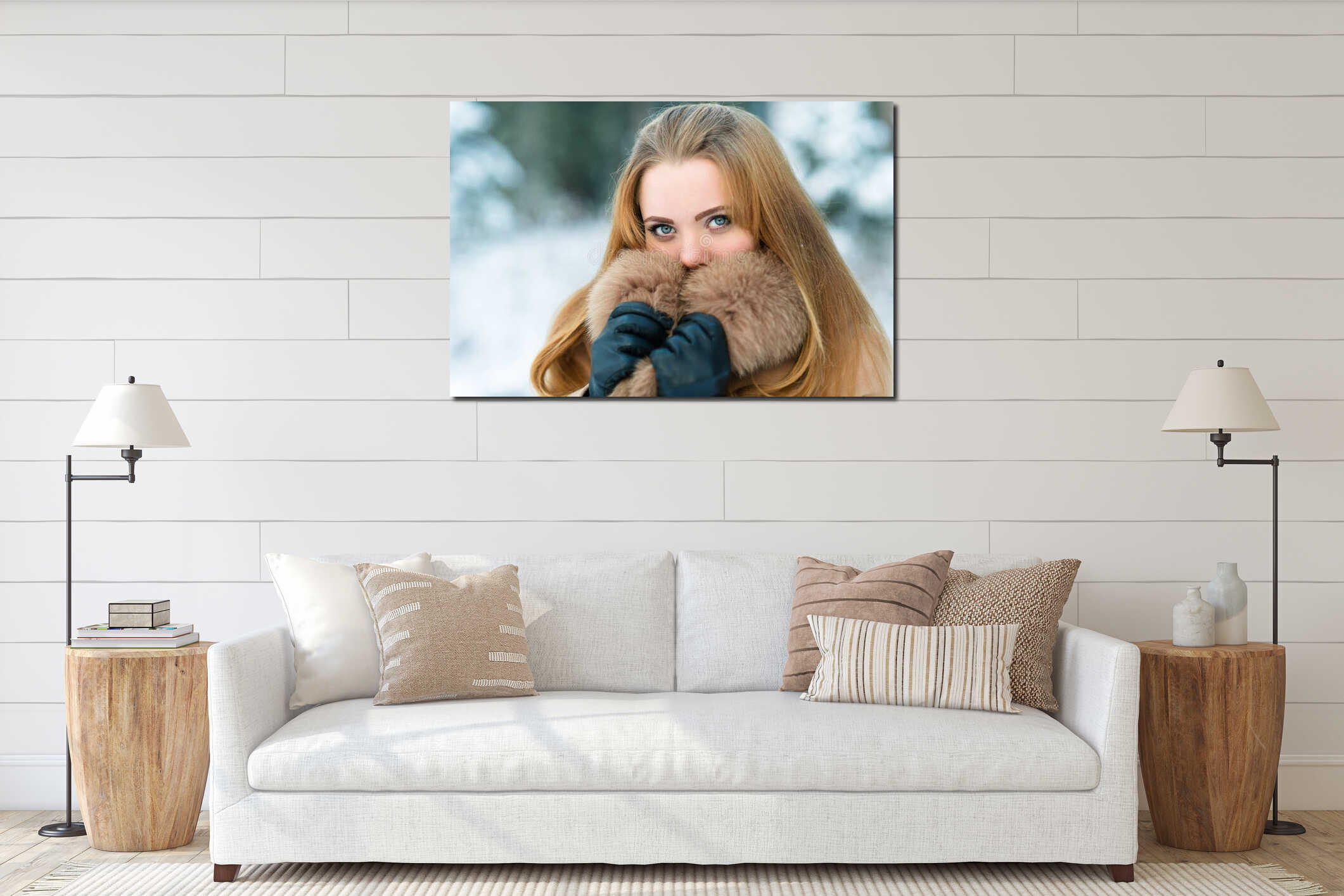 Portrait charming woman with fur interior mockup