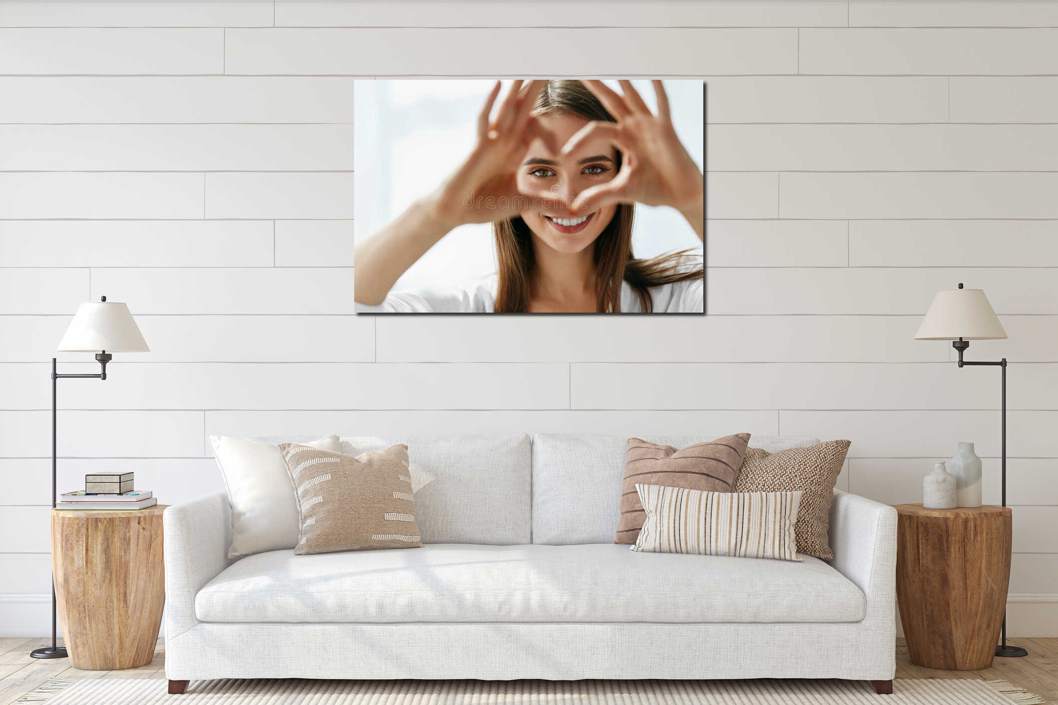 Beautiful Happy Woman Showing Love Sign Near Eyes. interior mockup