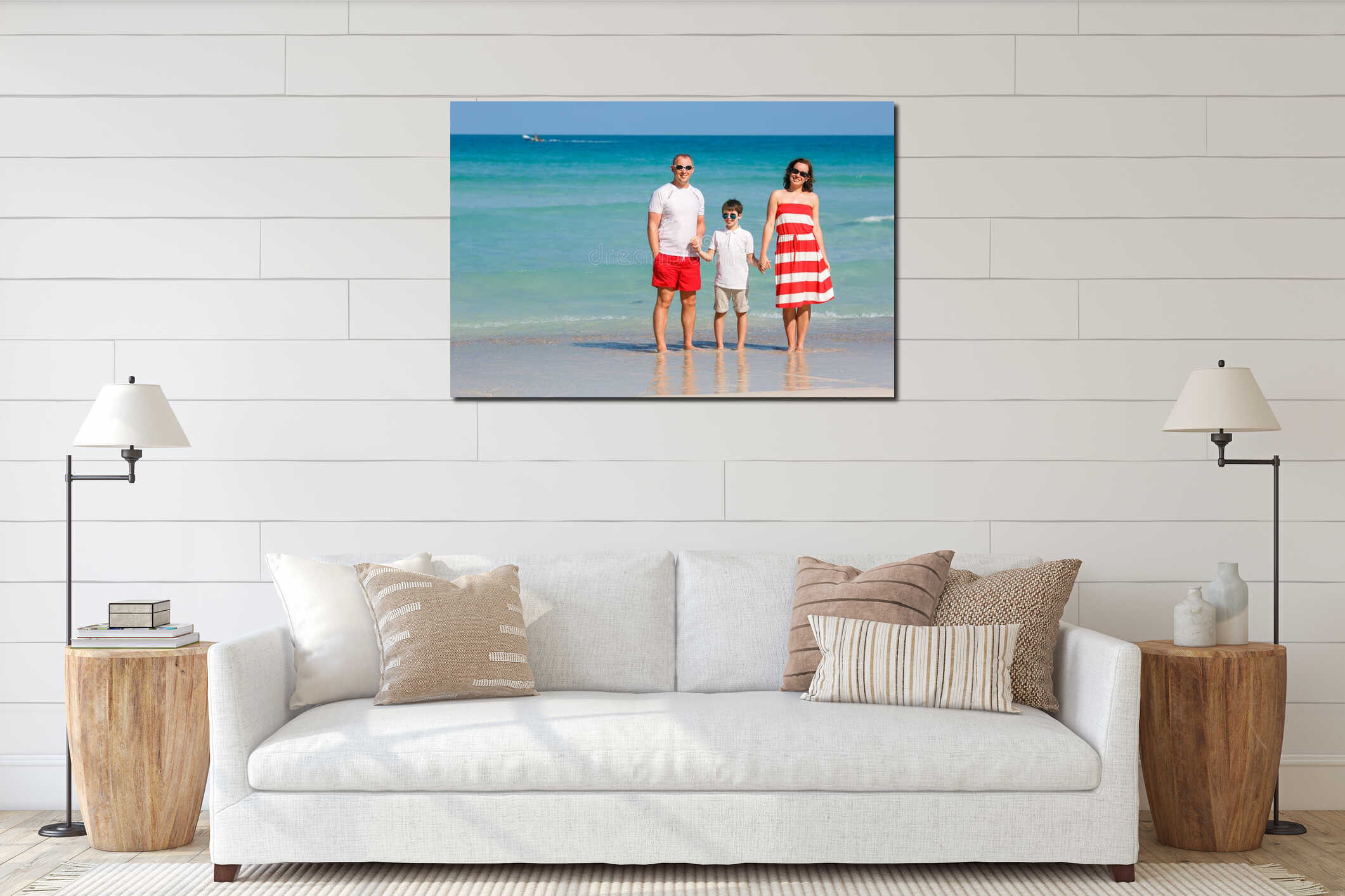 Young family of three having fun tropical beach, Koh Phangan island, Thailand interior mockup