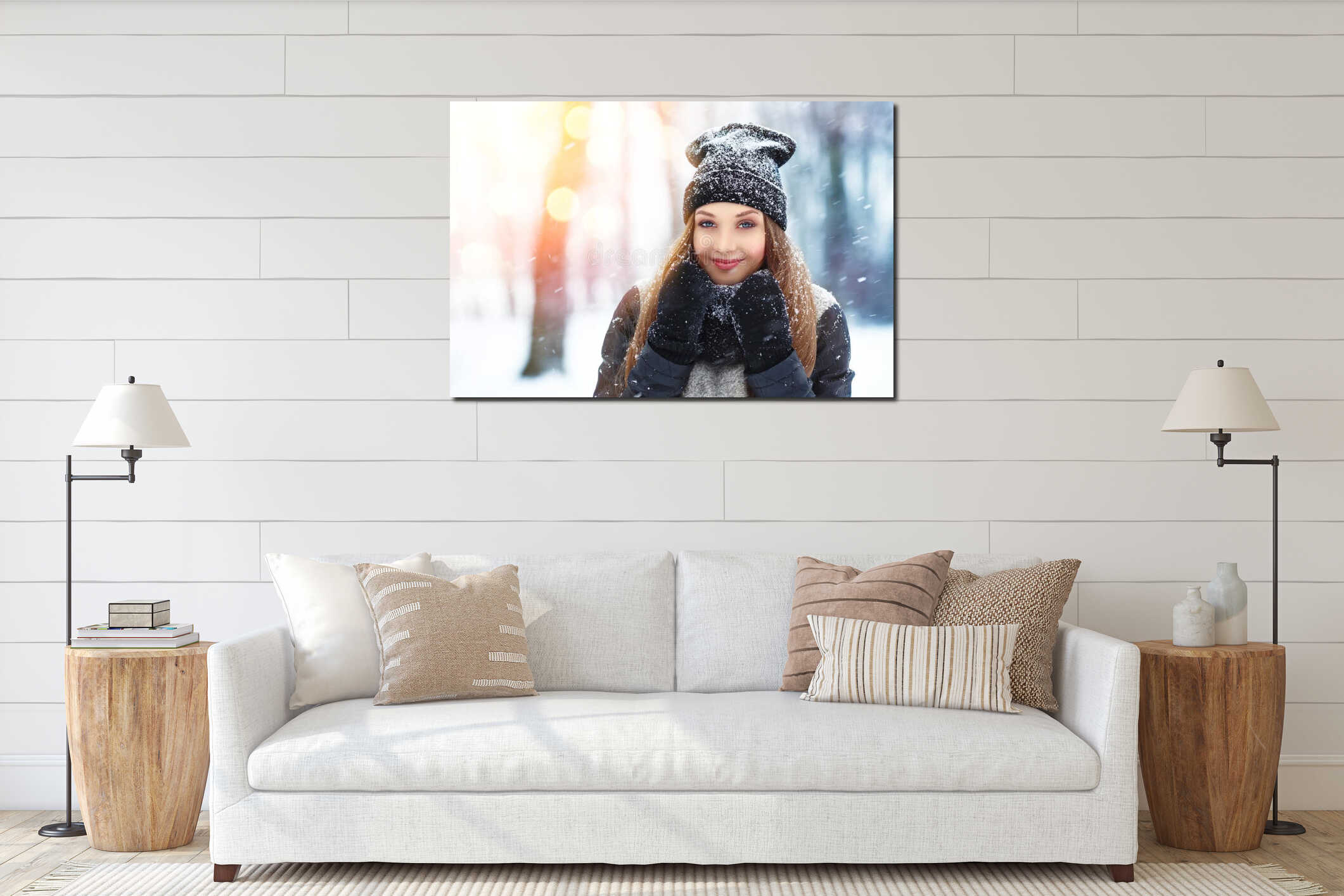 Winter young woman portrait. Beauty Joyful Model Girl laughing and having fun in winter park. Beautiful young woman outdoors. Enjo interior mockup