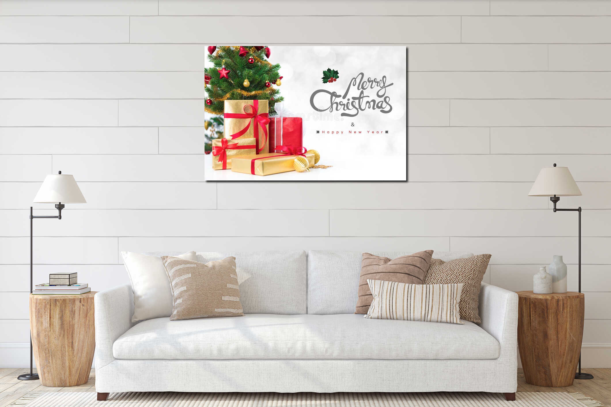 Merry Christmas and Happy New Year text with gift boxes and ornaments interior mockup