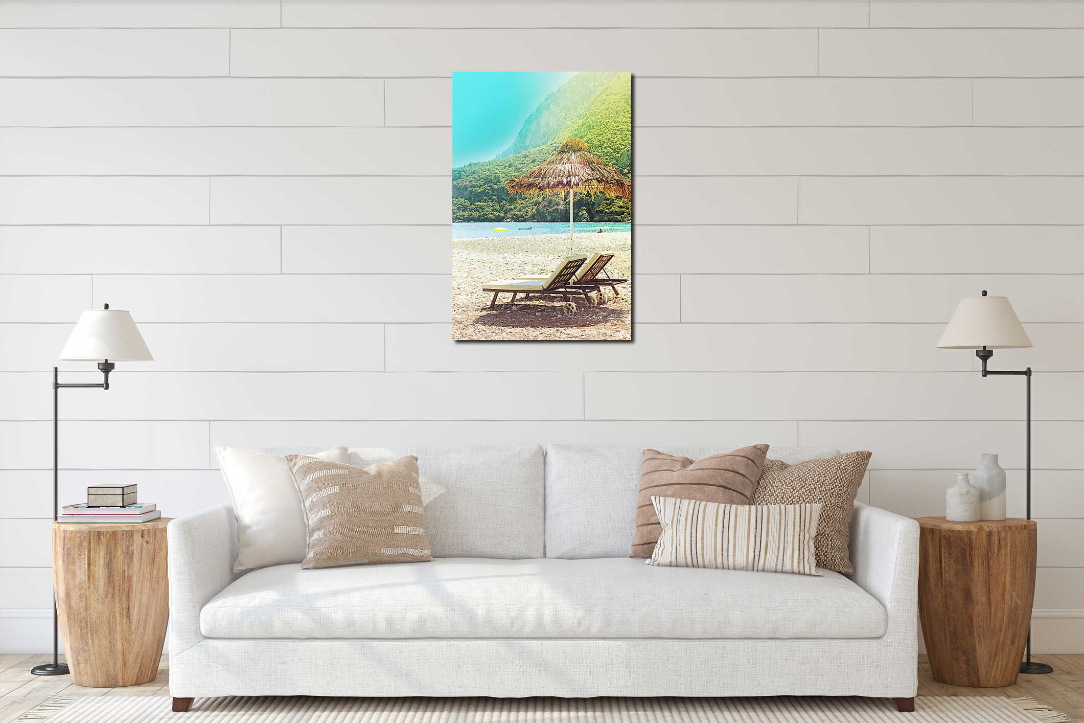 Sunshades and chaise lounges on beach. Summer seascape. interior mockup