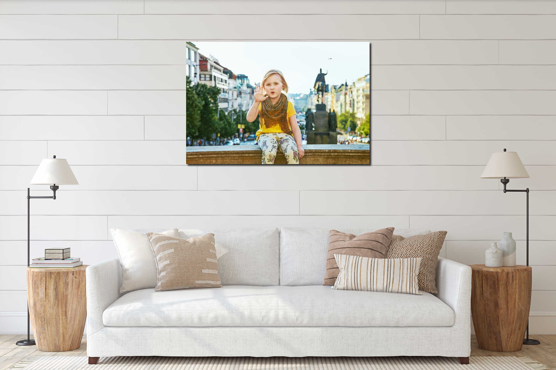 Child on Vaclavske namesti in Prague Czech Republic handwaving interior mockup