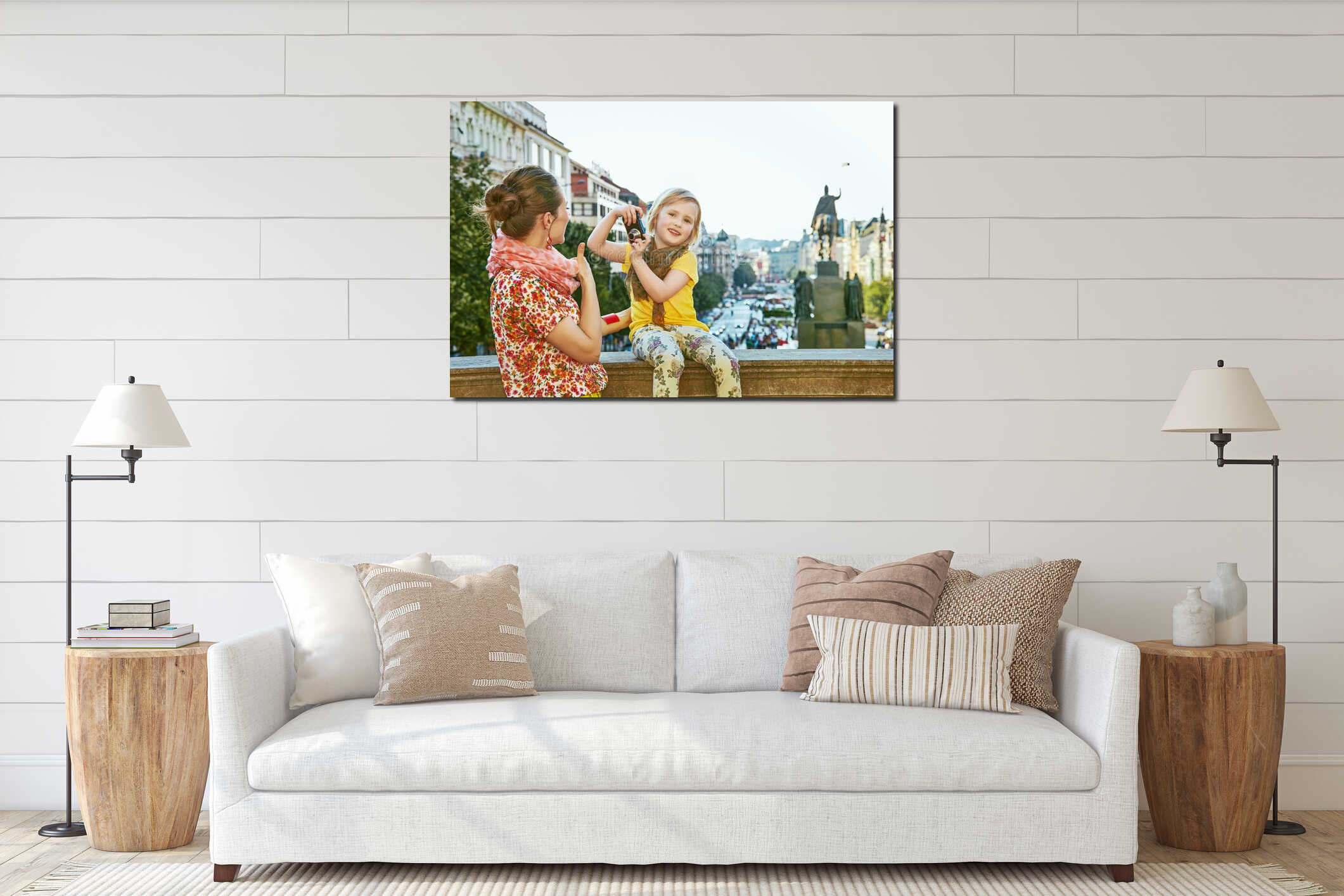 Mother and child travellers with digital camera taking photo interior mockup
