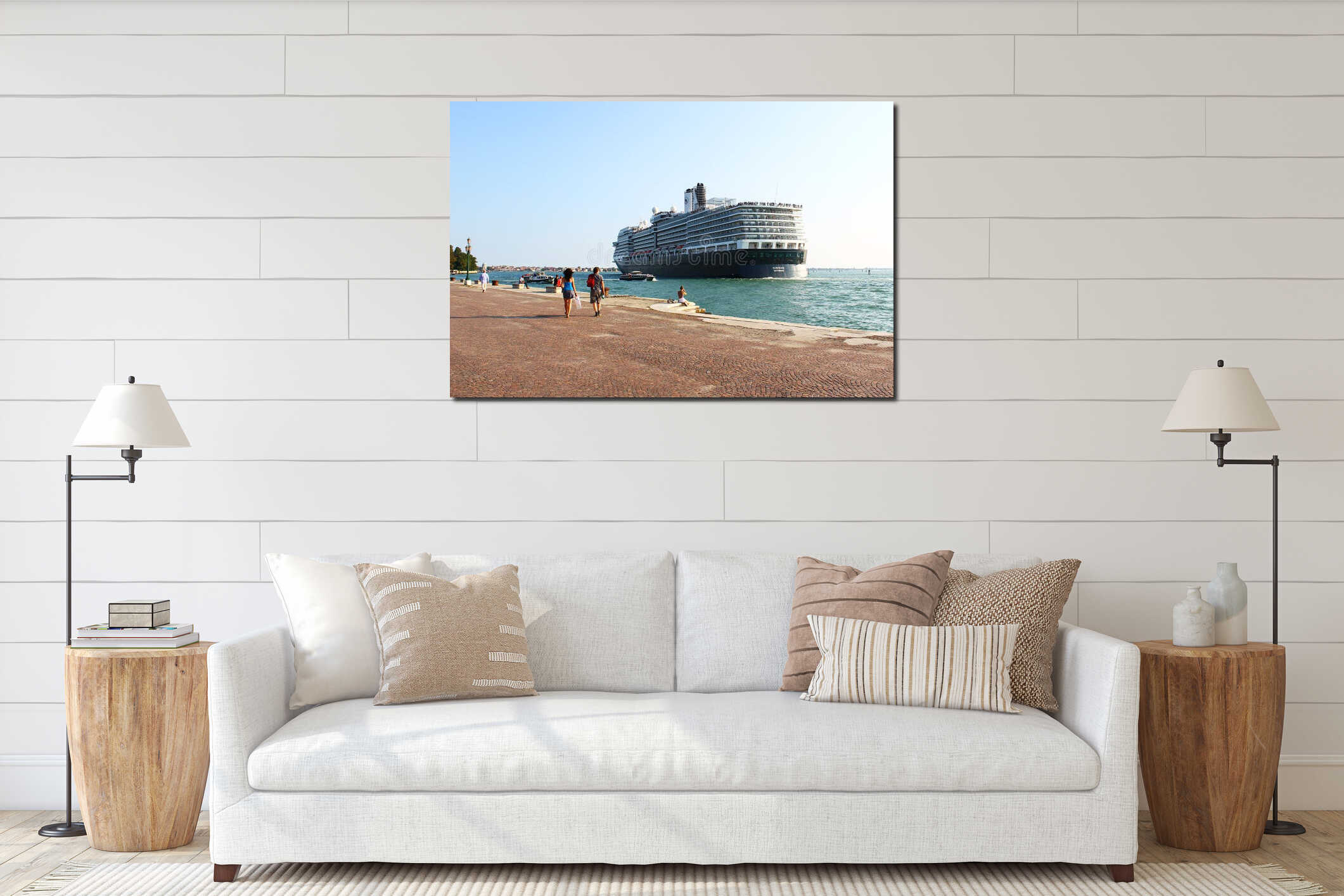 Huge cruise ship passing near shore interior mockup