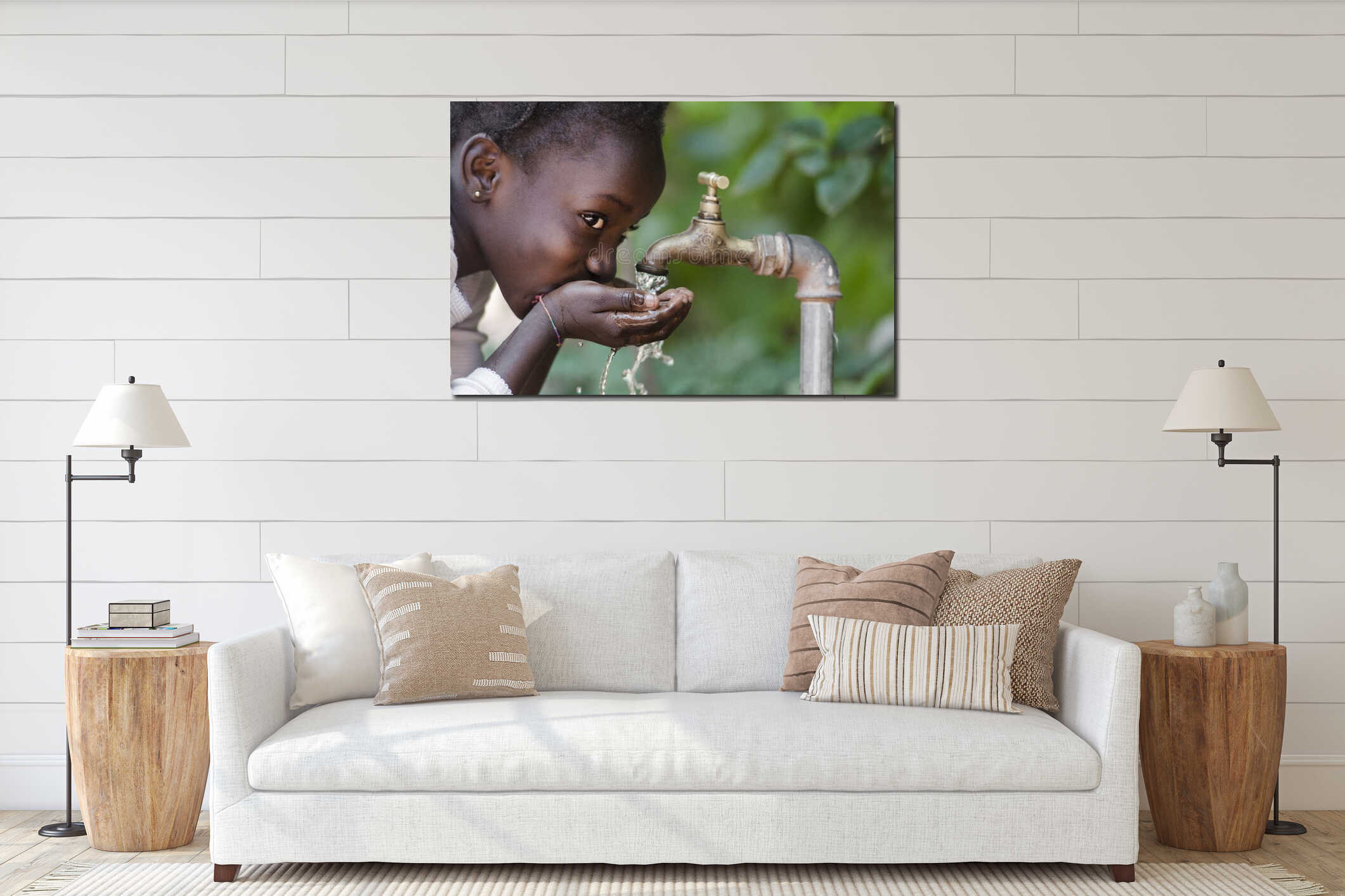 Beautiful African Child Drinking from a Tap Water Scarcity Symbol interior mockup