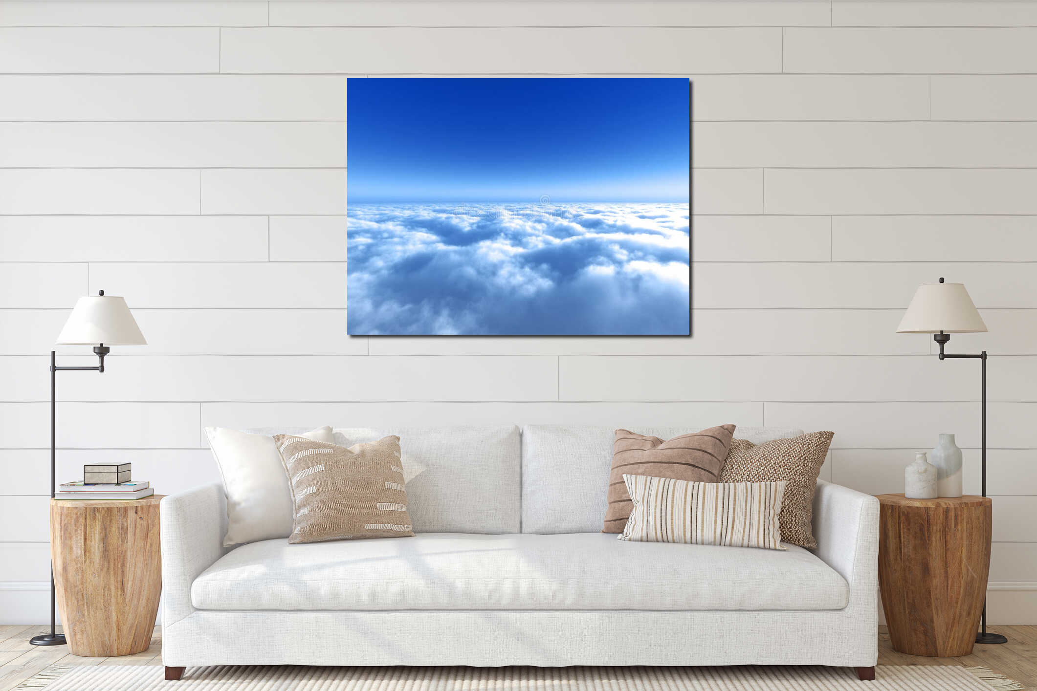 Bright blue sky above the cloud interior mockup