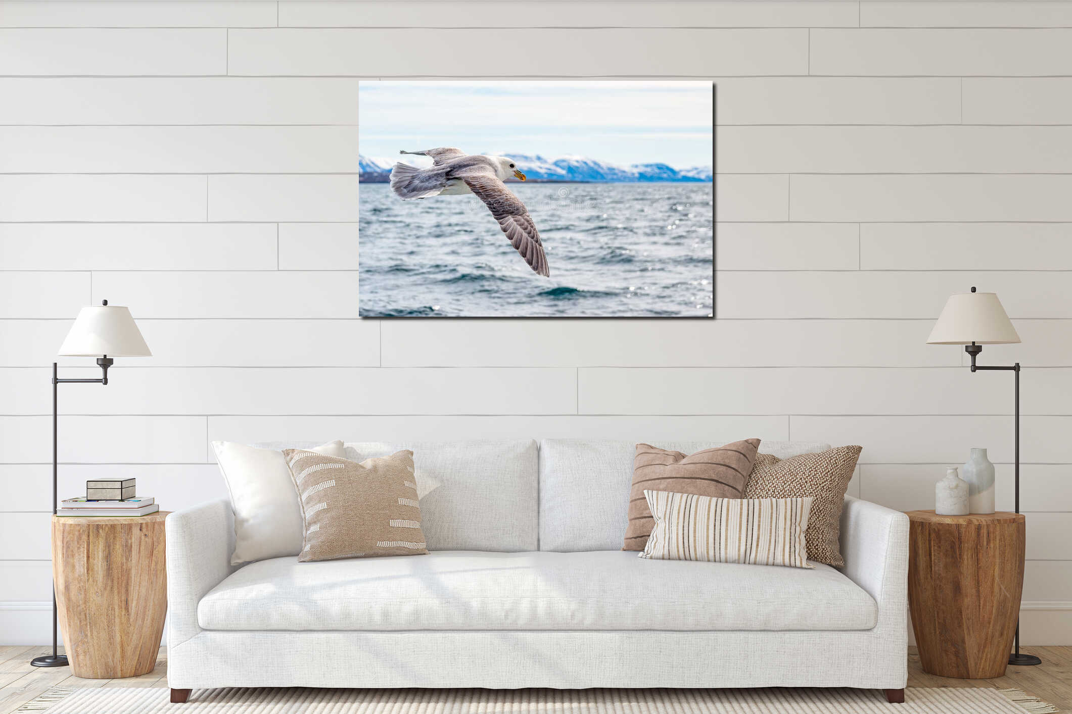 Close-up Seagull flying with background mountain interior mockup