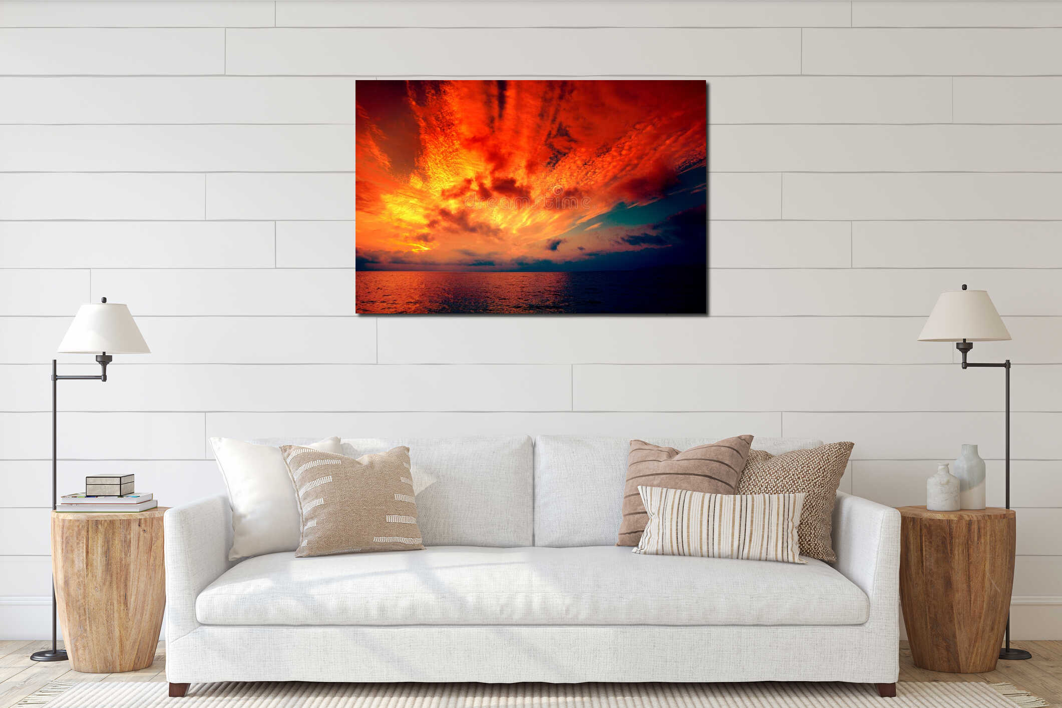 Burned sunrise over sea interior mockup