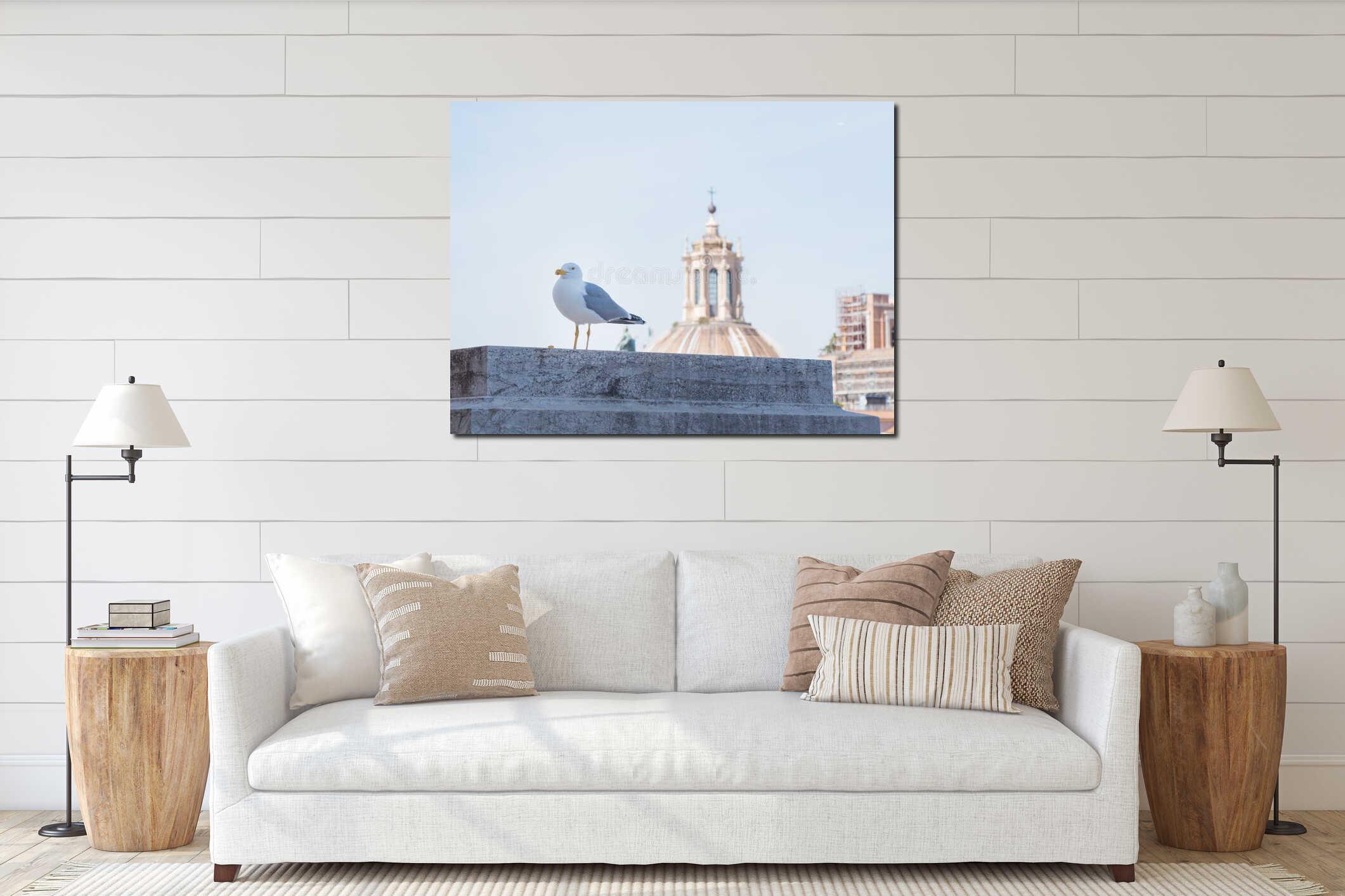 Rome, Italy, 12 may 2015, Seagull stands over the roofs in historical center of city interior mockup