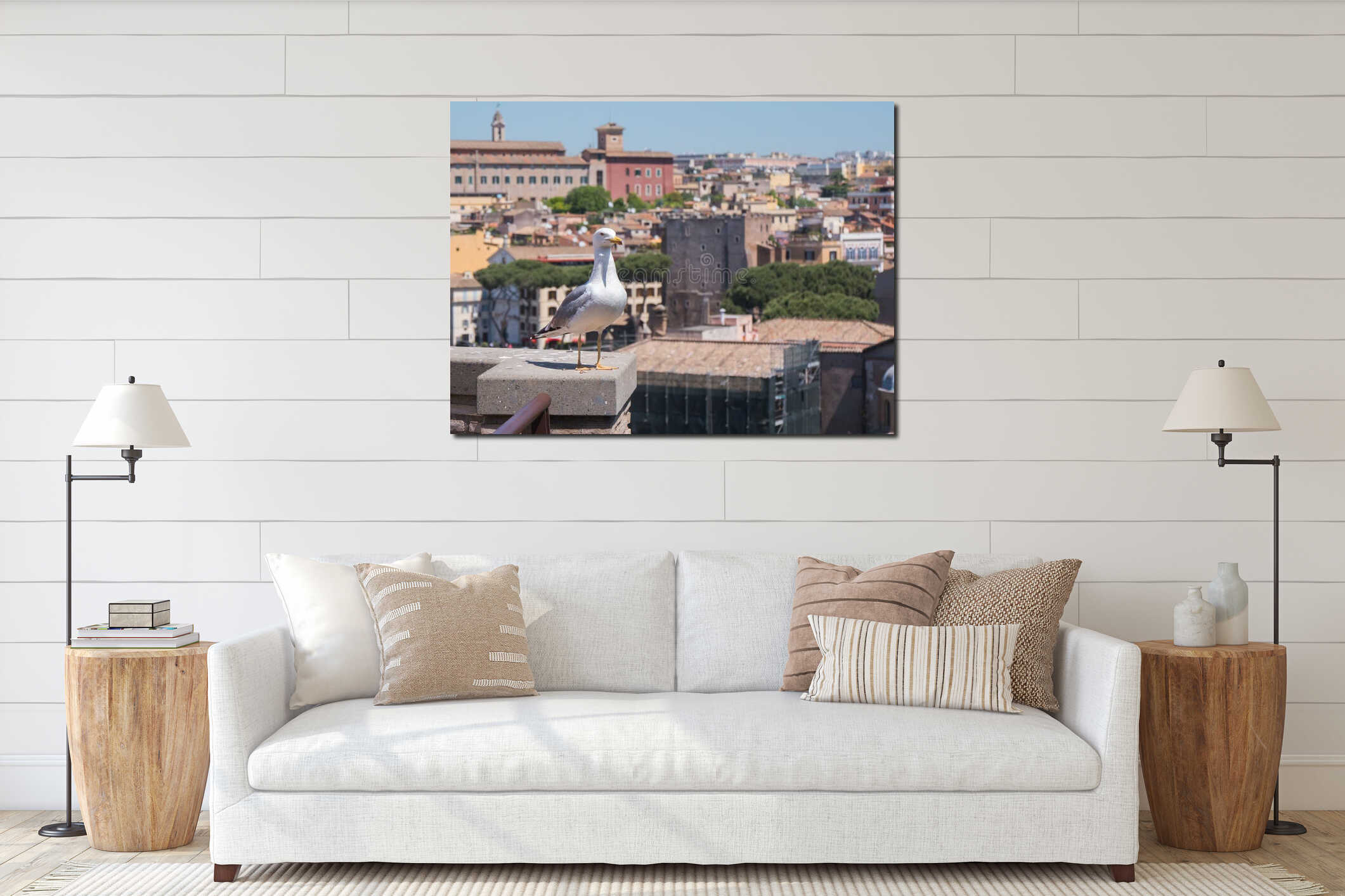 Seagull stands over the roofs in historical center of Rome interior mockup