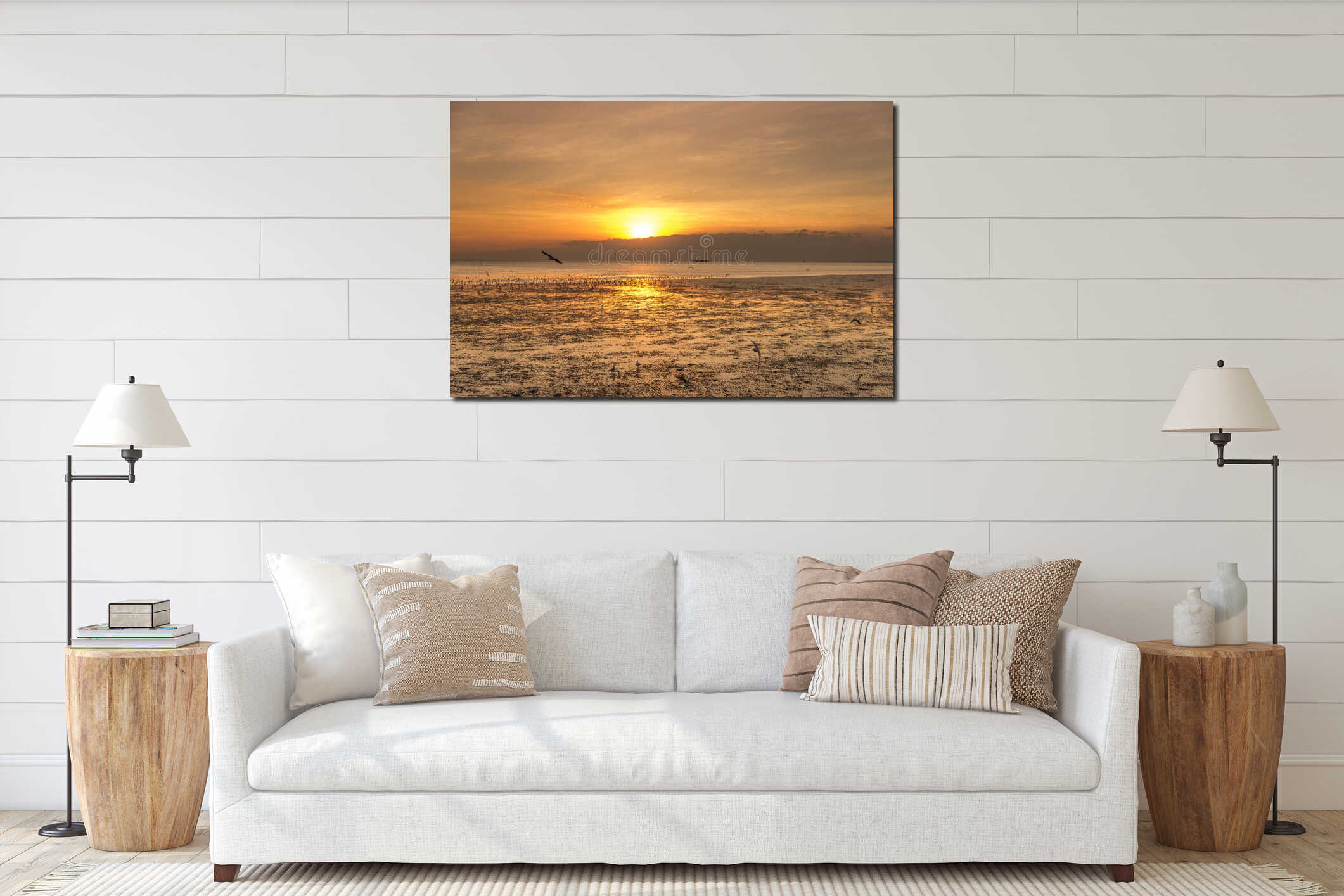 Tranquil scene with seagull flying on sunset interior mockup
