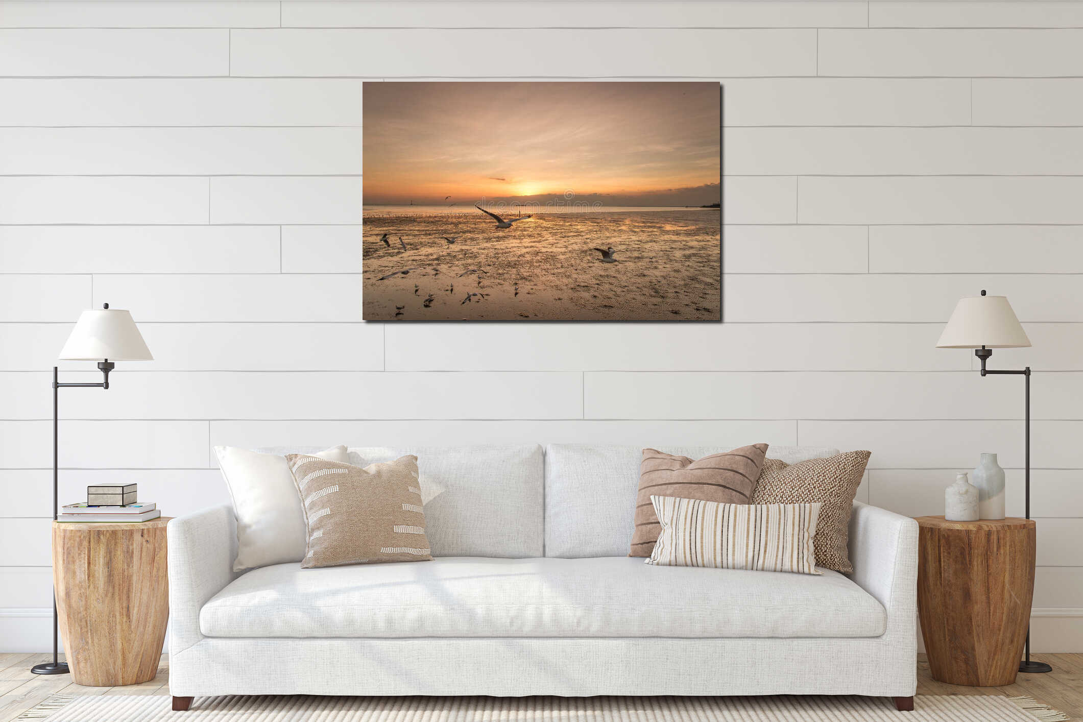Tranquil scene with seagull flying on sunset interior mockup
