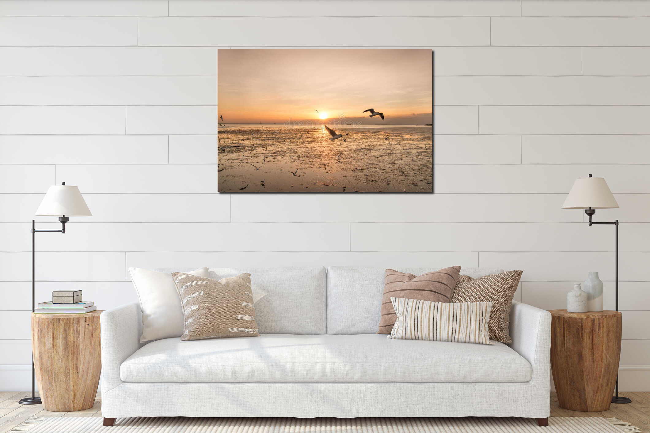 Tranquil scene with seagull flying on sunset interior mockup