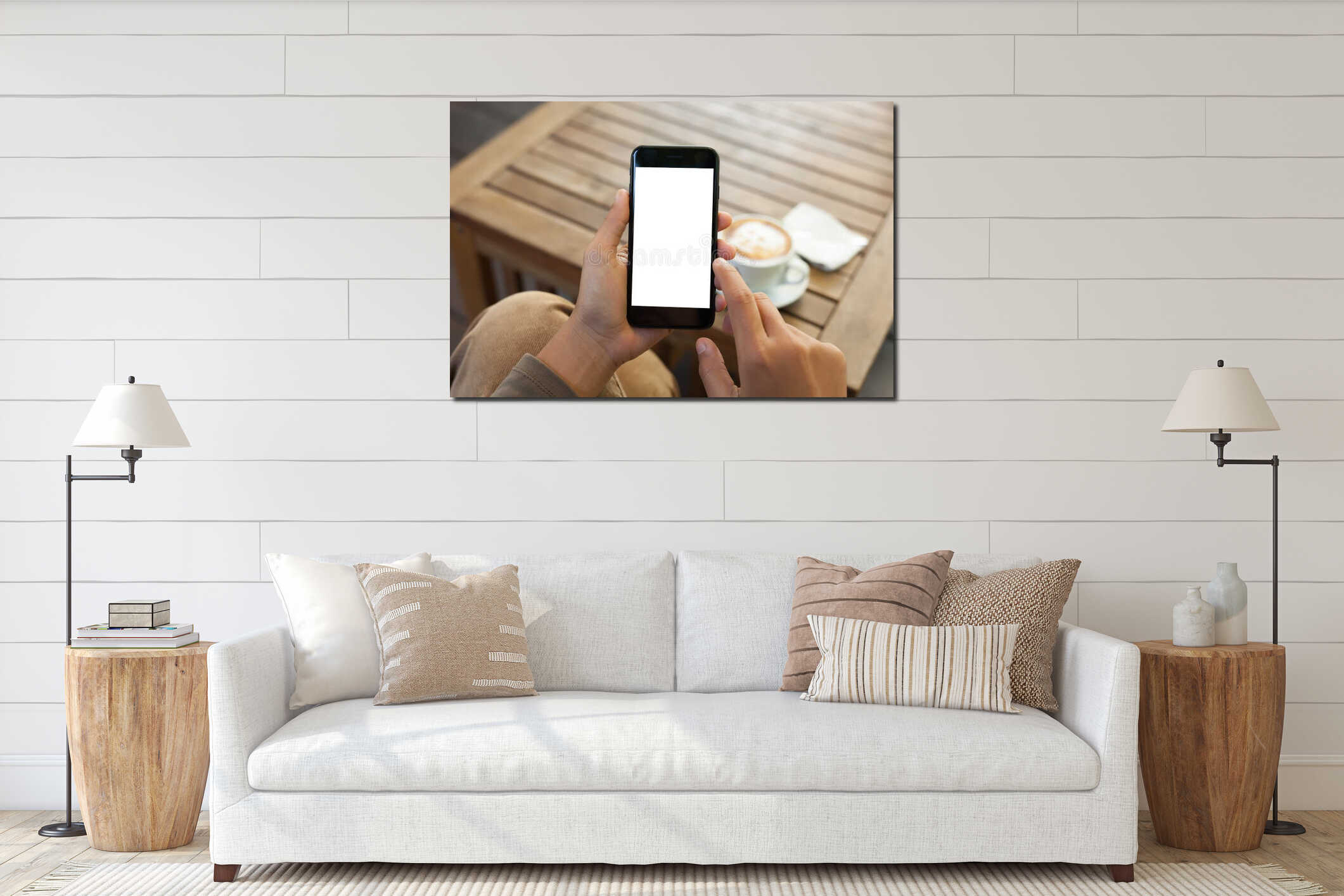 Hand holding phone mobile blank screen and finger touch interior mockup