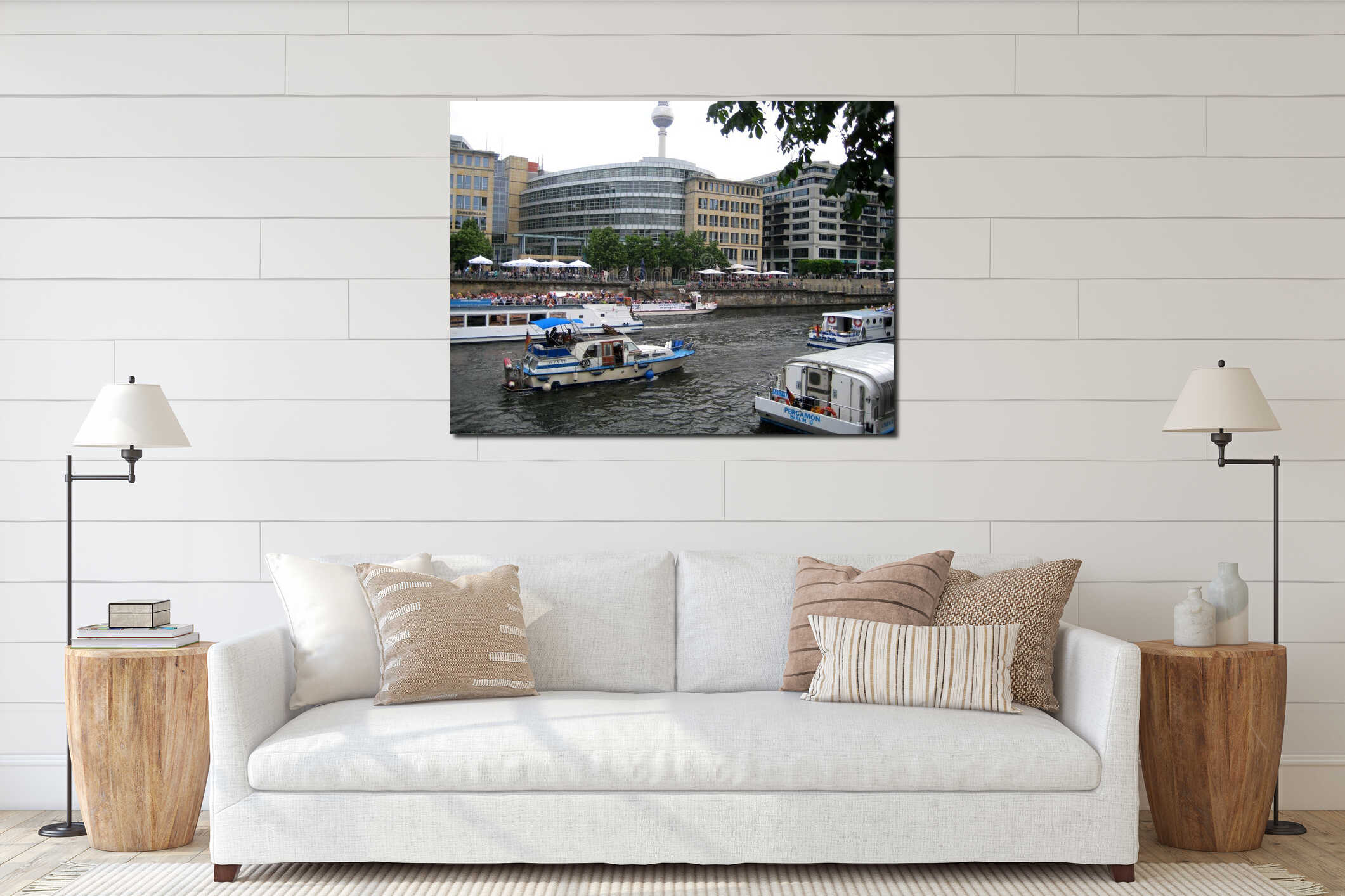 Photos with groups of tourists and vacationers summer season on the river cruise ships and taxis on the river Spree interior mockup