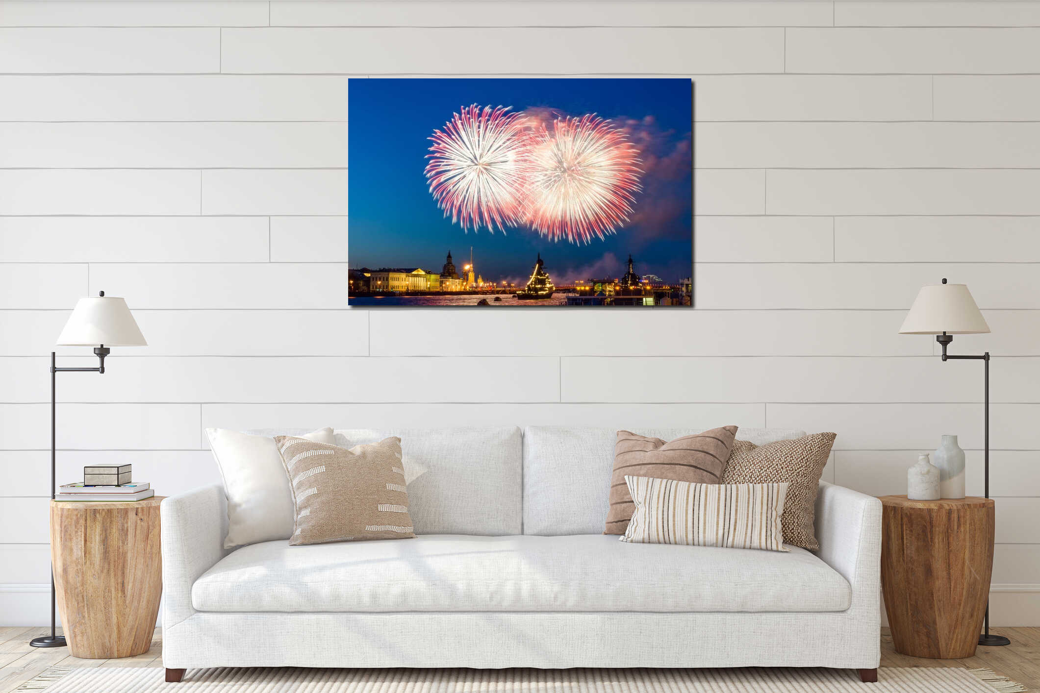 Salute fireworks explosions city night lights Saint-Petersburg interior mockup