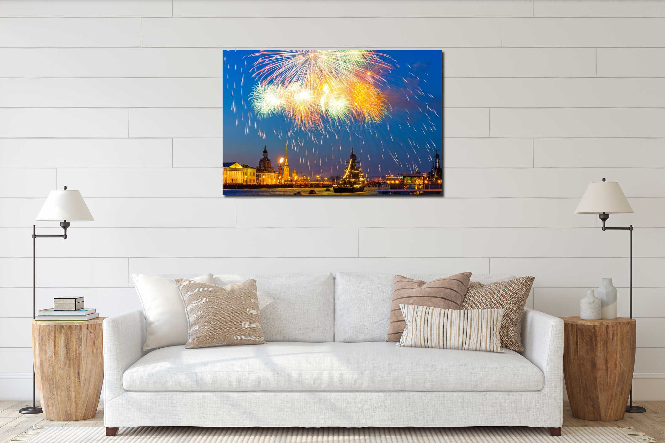 Salute fireworks explosions city night lights Saint-Petersburg interior mockup