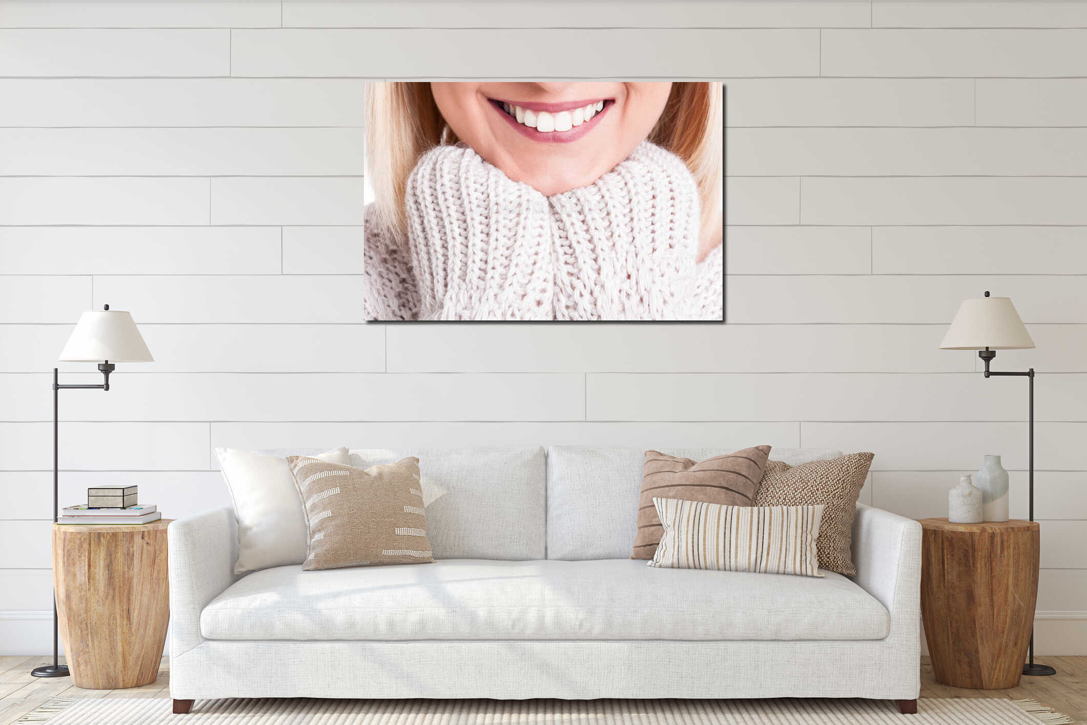 Close-up of beautiful blonde girl smile wearing sweater interior mockup