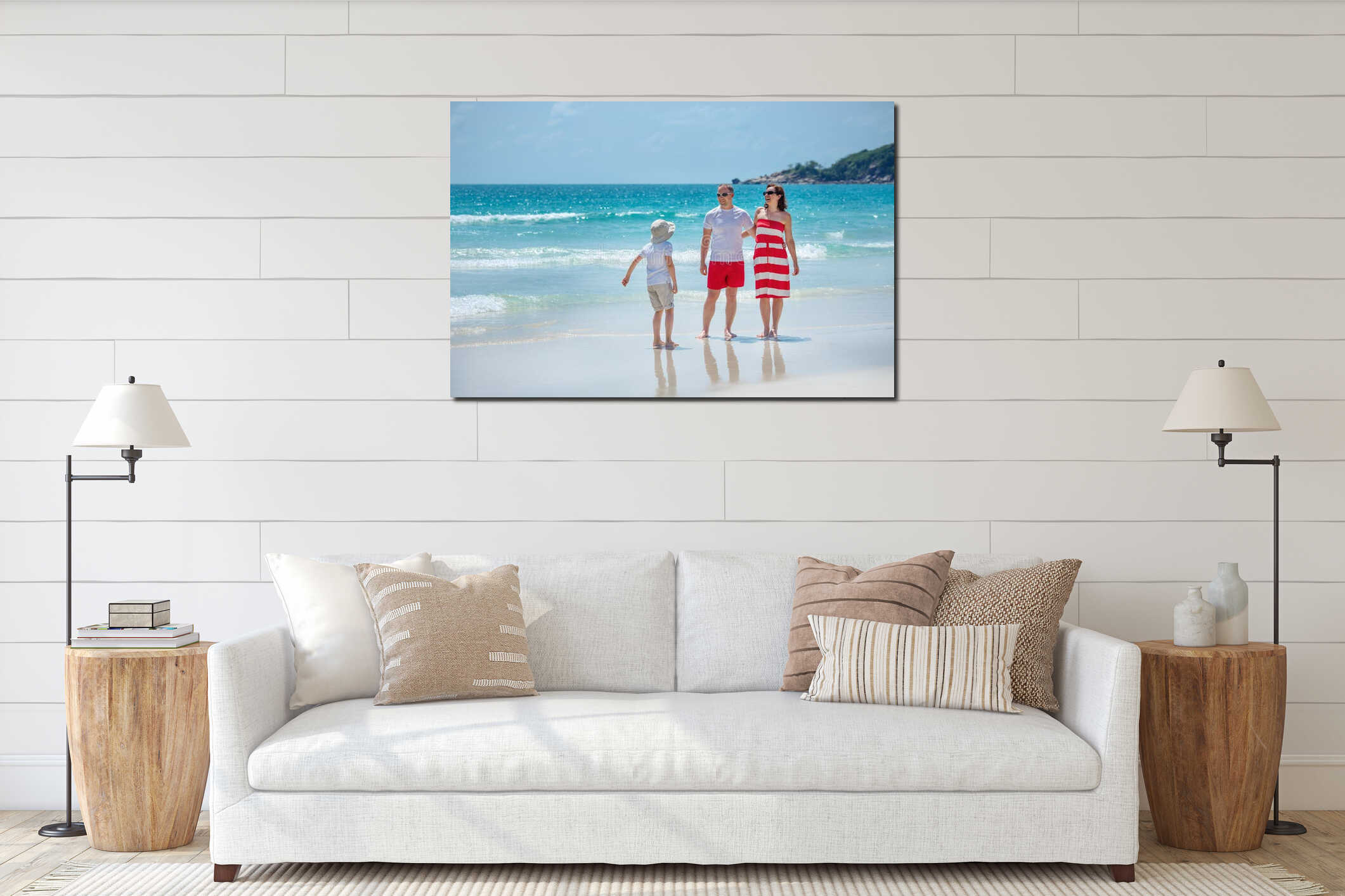 Young family of three having fun tropical beach interior mockup