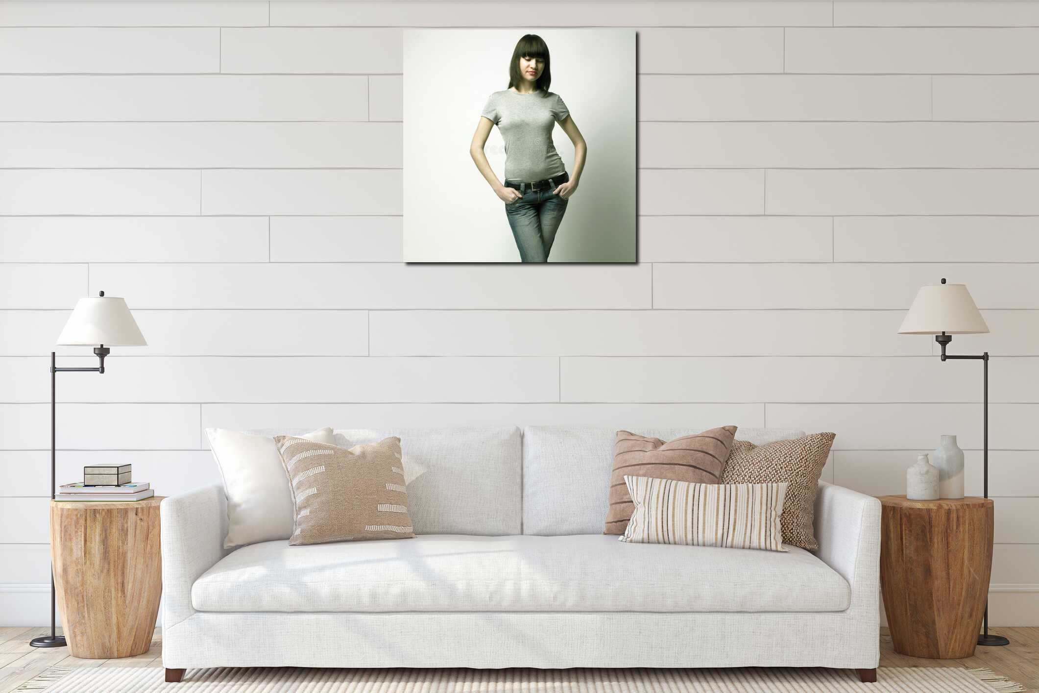 Young pretty woman interior mockup