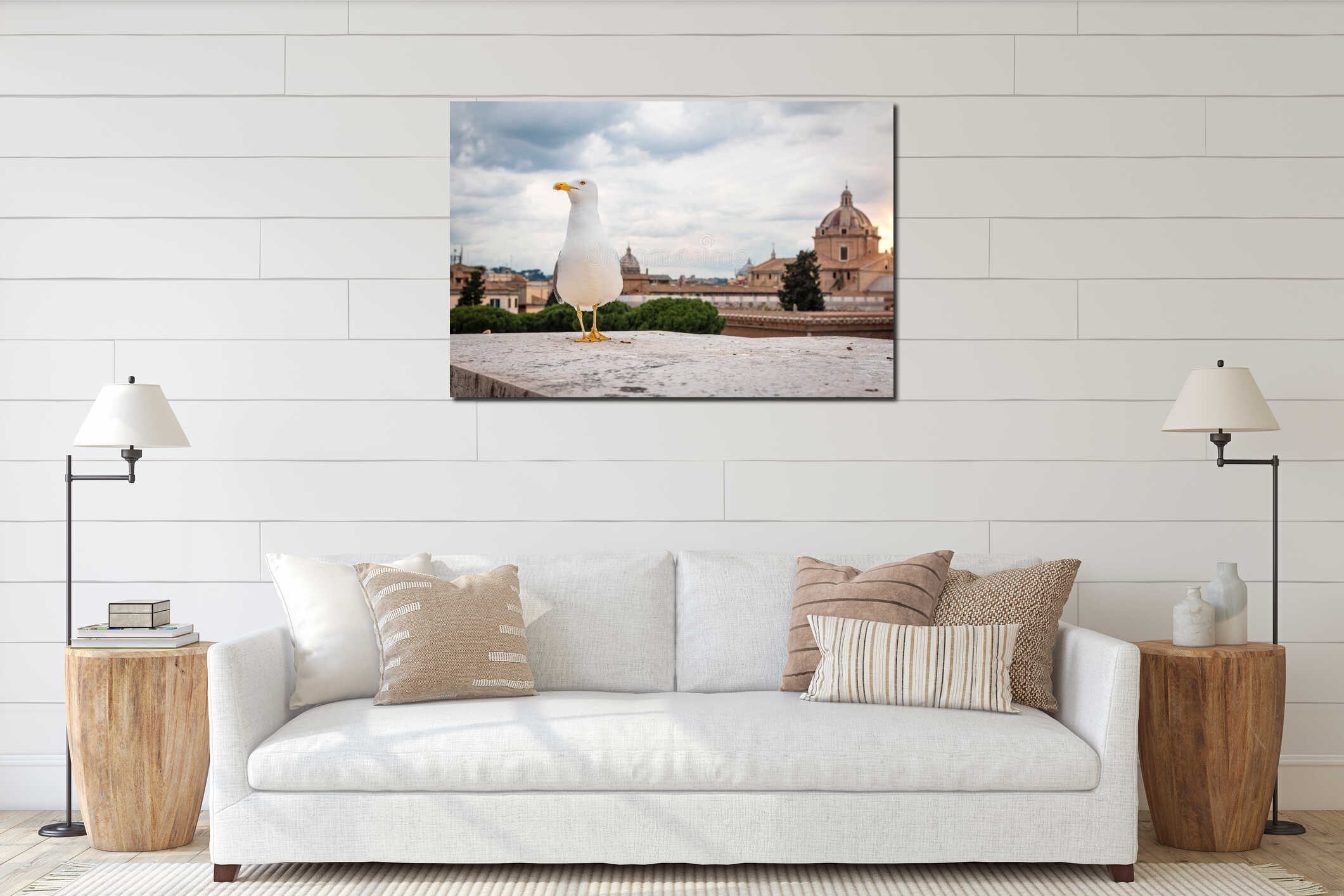 A seagull in the city interior mockup