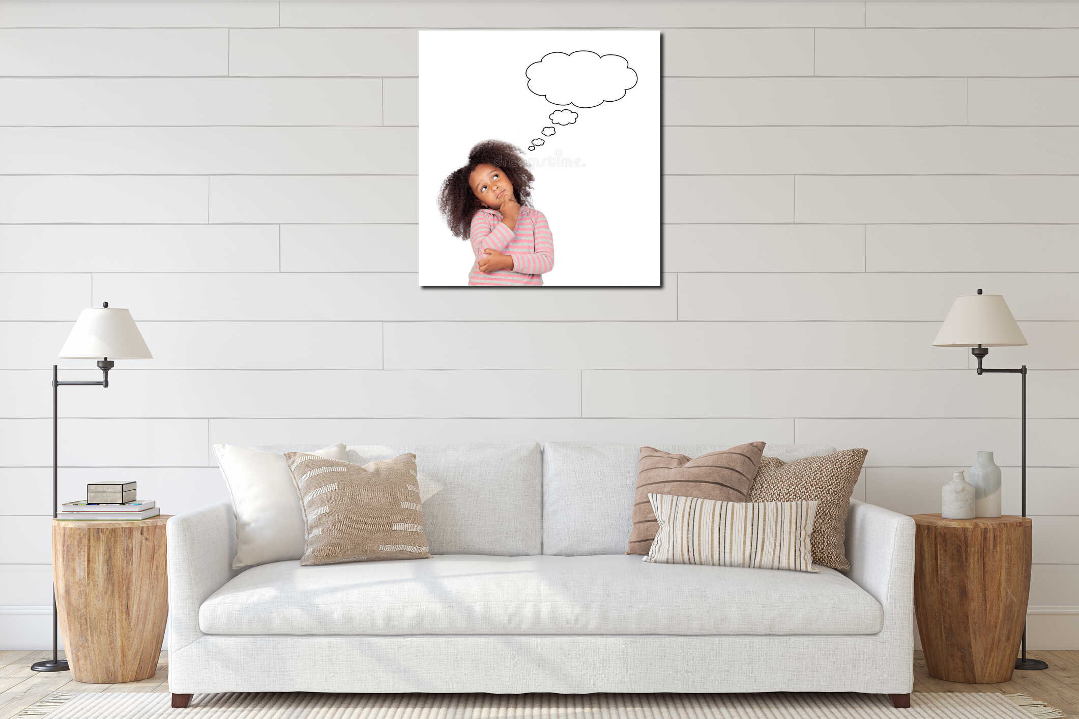Funny african girl with afro hairstyle thinking interior mockup