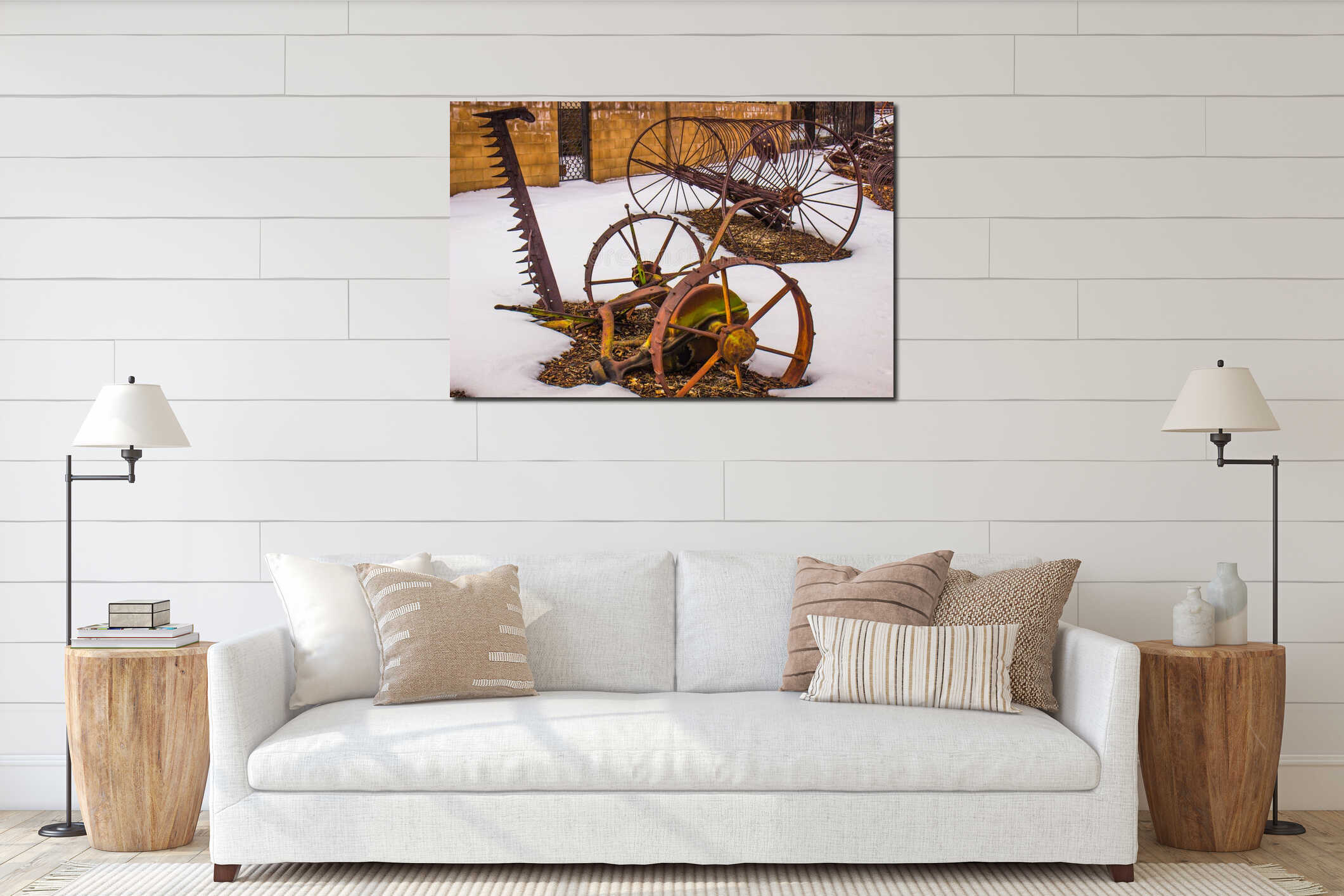 Vintage Farm Equipment In Winter Snow interior mockup