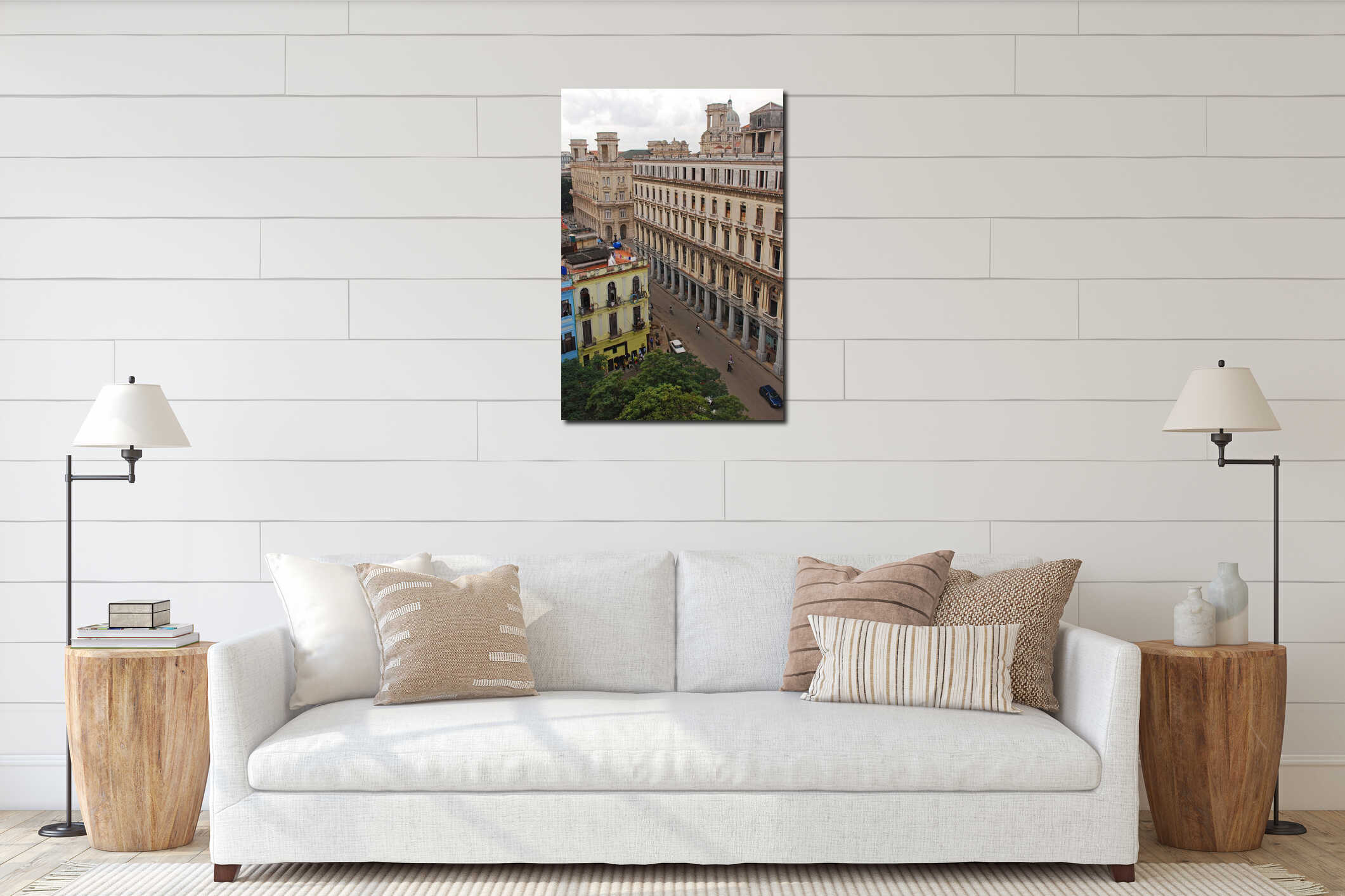 Bird eye view of a street with green trees in Havana, Cuba interior mockup