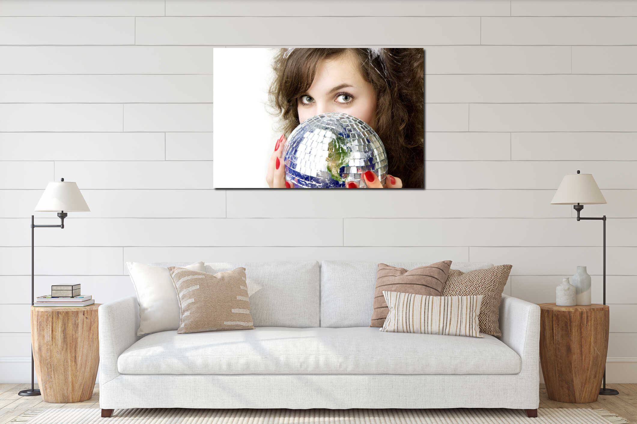 Girl and planet Earth. interior mockup