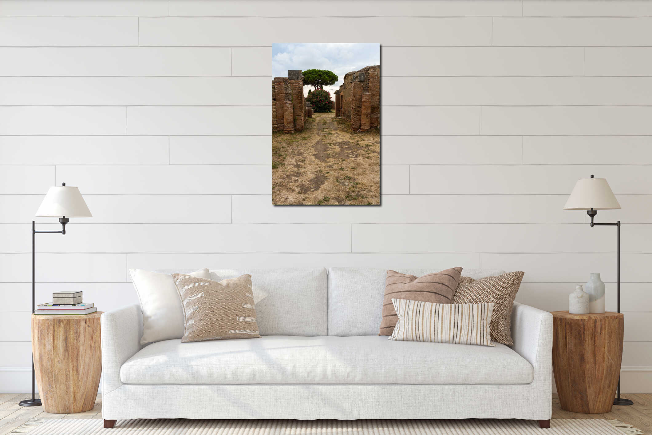 Roman path and buildings at Ostia Antica Italy with Stone pine o interior mockup