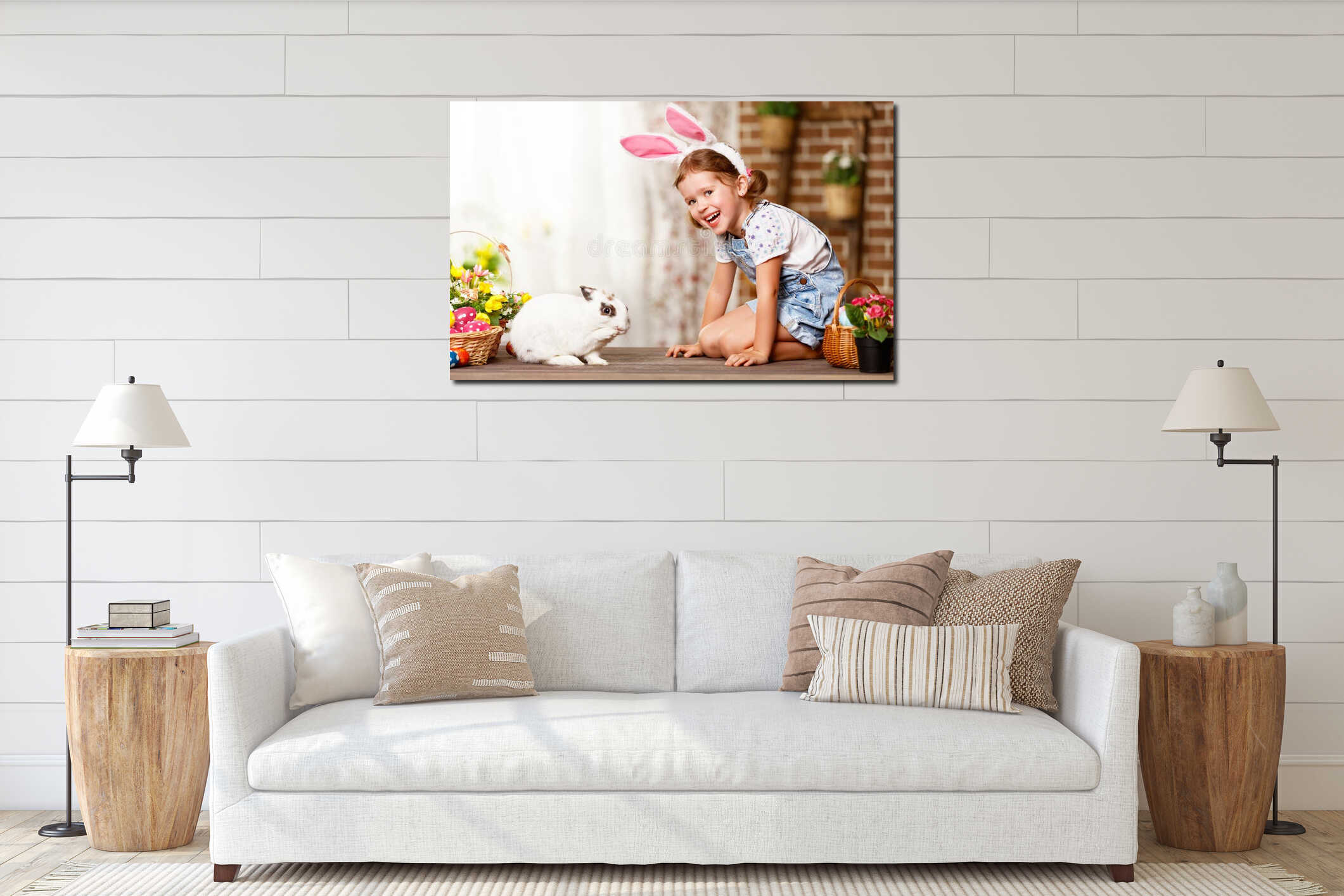 Happy easter! happy funny child girl playing with bunny interior mockup