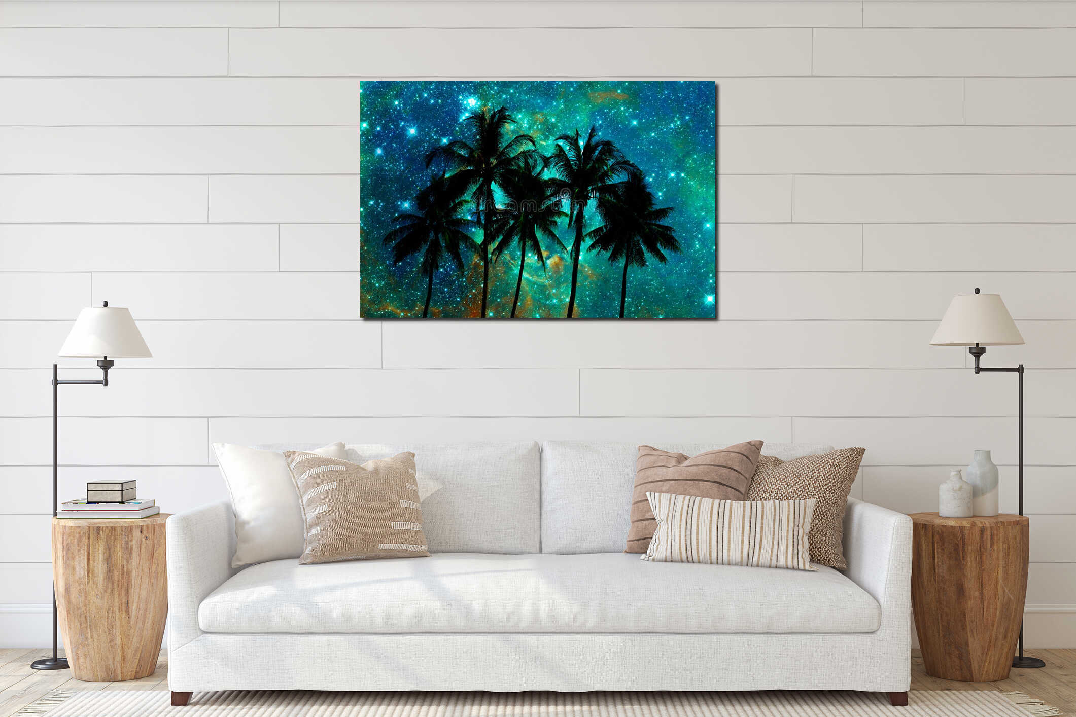 Palm trees silhouettes, starry night interior mockup