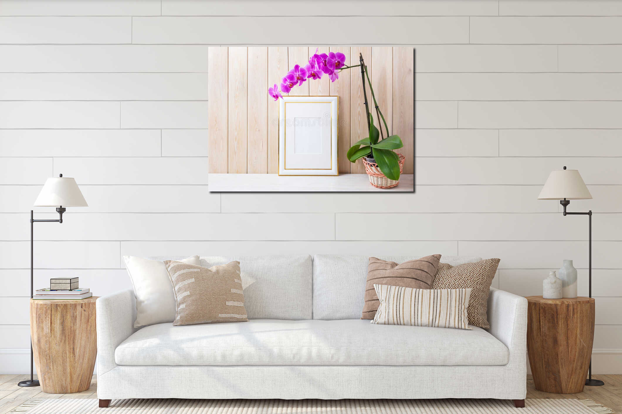 Gold decorated frame mockup with purple orchid in wicker basket interior mockup