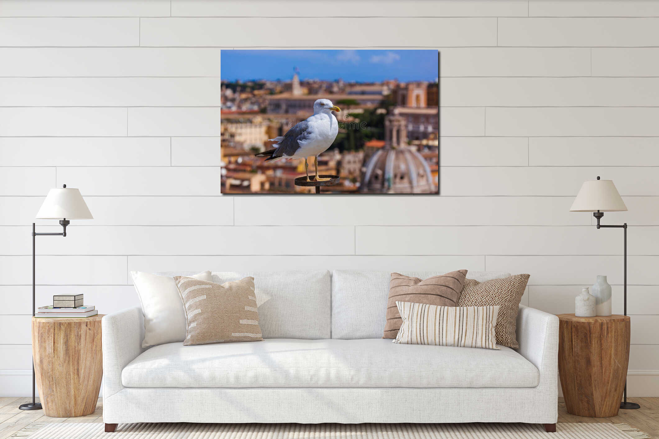 Seagull and Rome Italy cityscape interior mockup