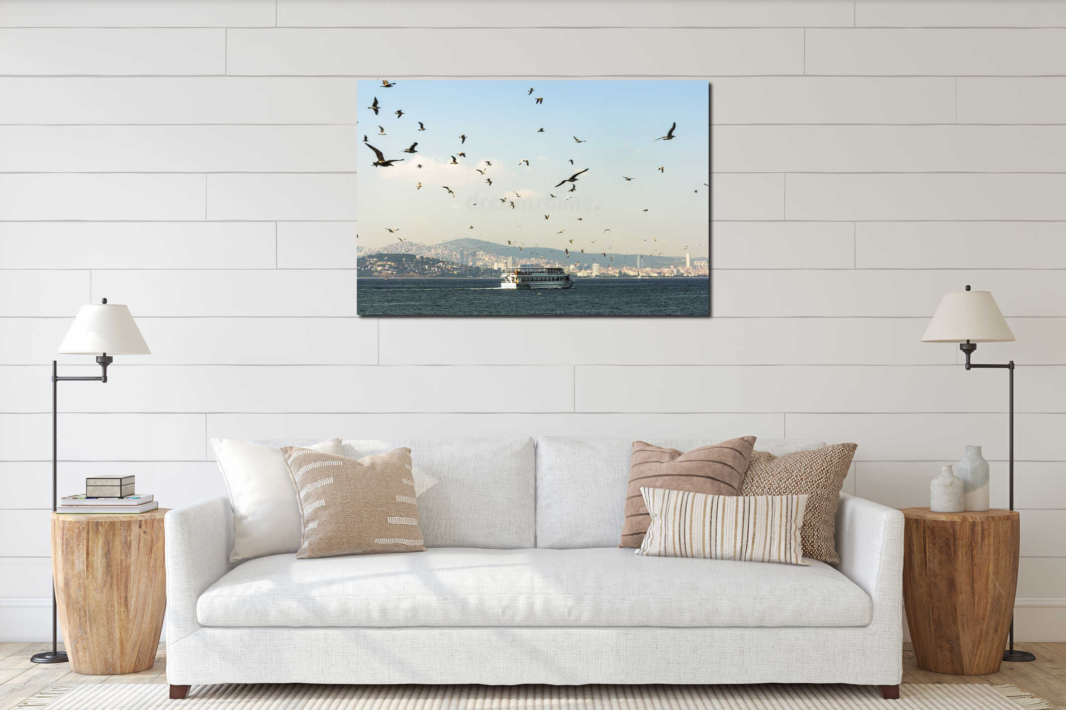 Ferries accompanied by seagulls floating in view of the Princes interior mockup
