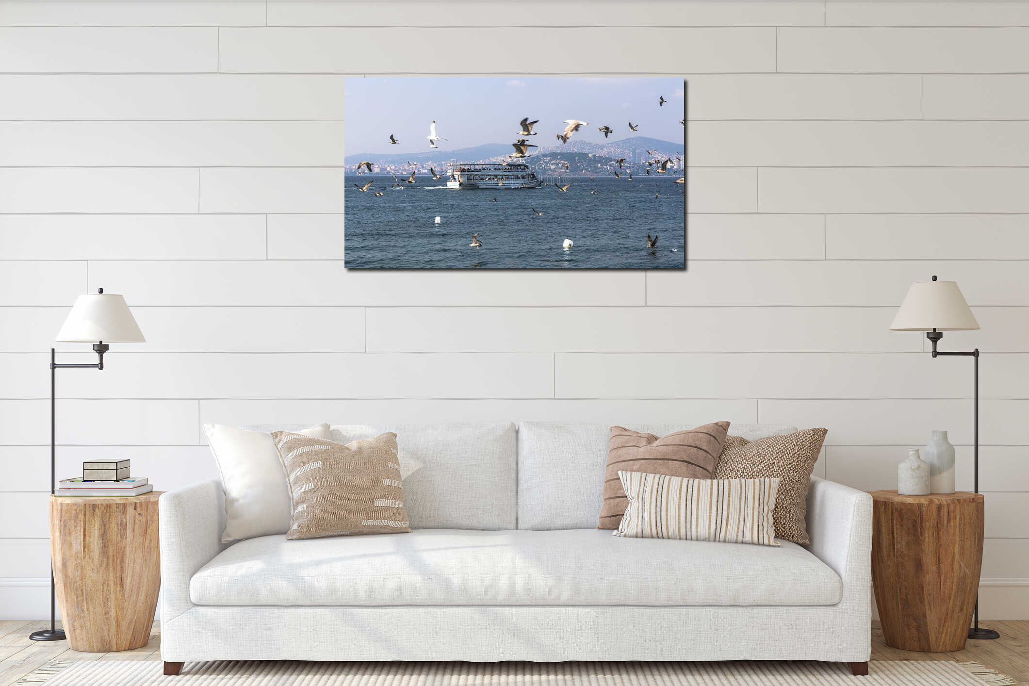 Ferries accompanied by seagulls floating in view of the Princes interior mockup