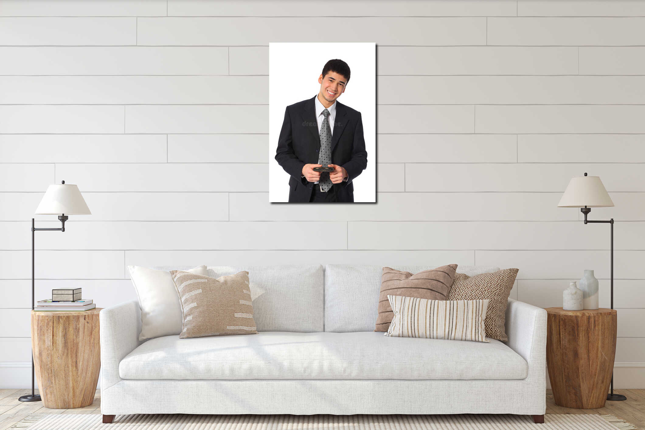 Young smiling asian businessman interior mockup