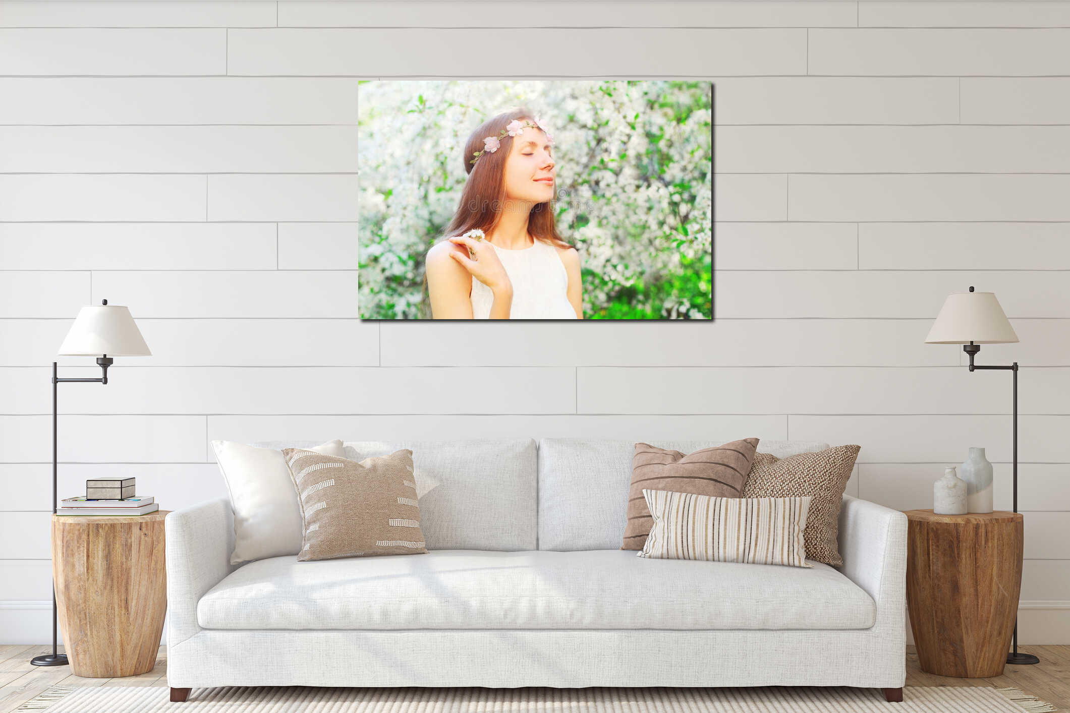 Portrait cute woman with floral headband enjoying smell spring flowers interior mockup