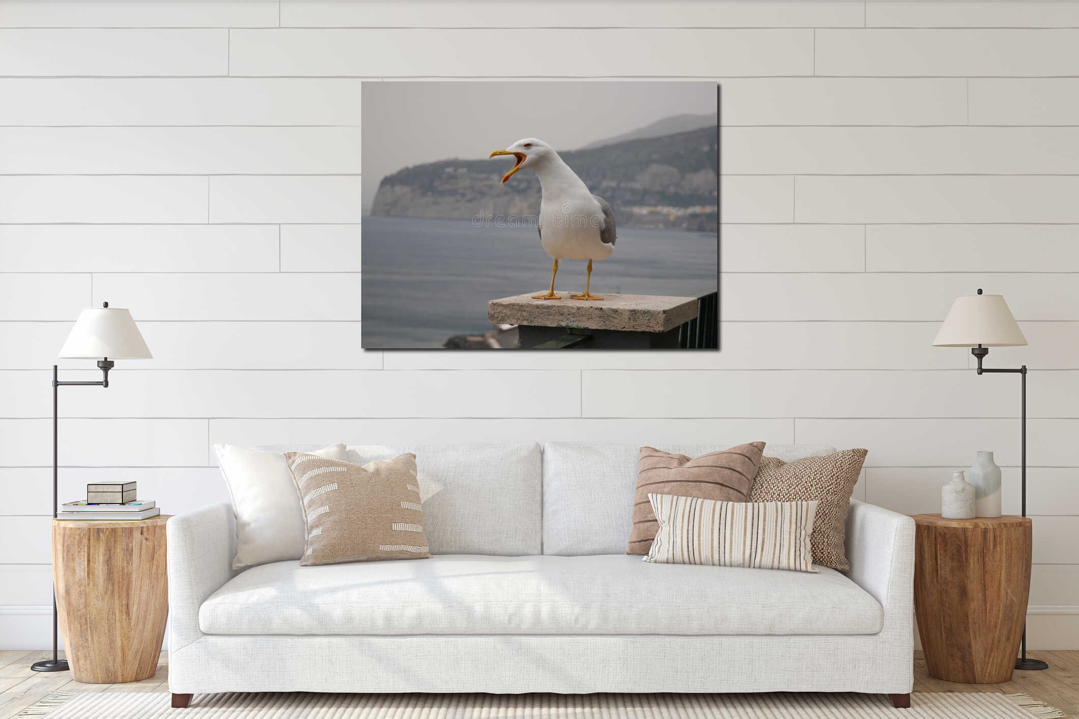 Seagull standing on a support column squawking interior mockup