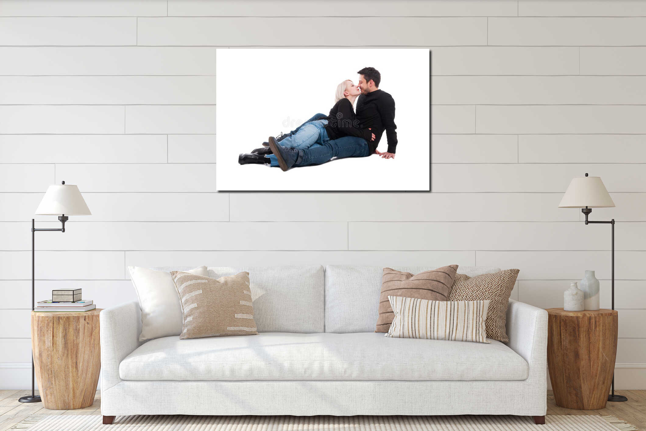 Two people sitting close to each other interior mockup