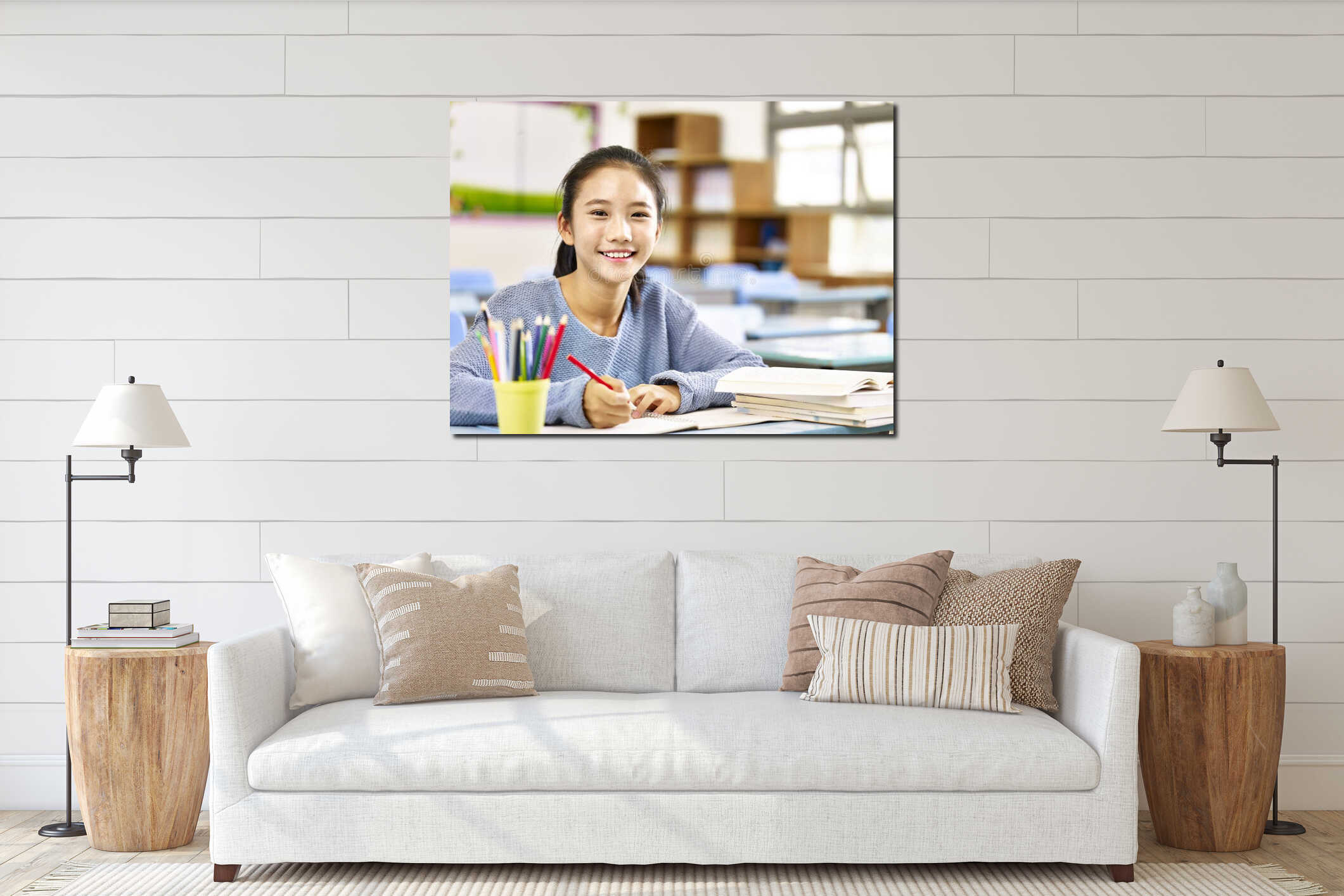 Happy asian elementary school girl interior mockup