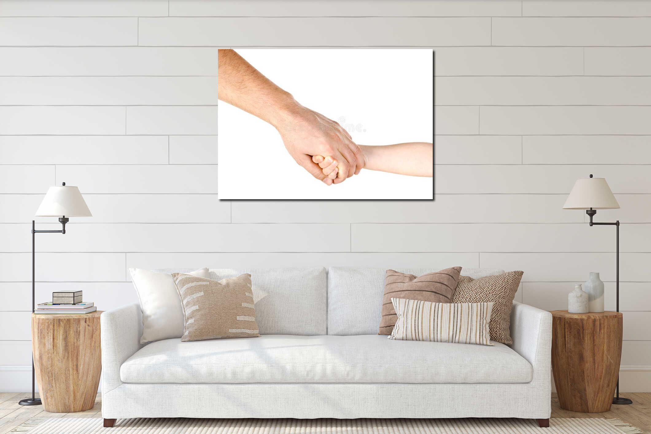 Child holding father`s hand isolated interior mockup