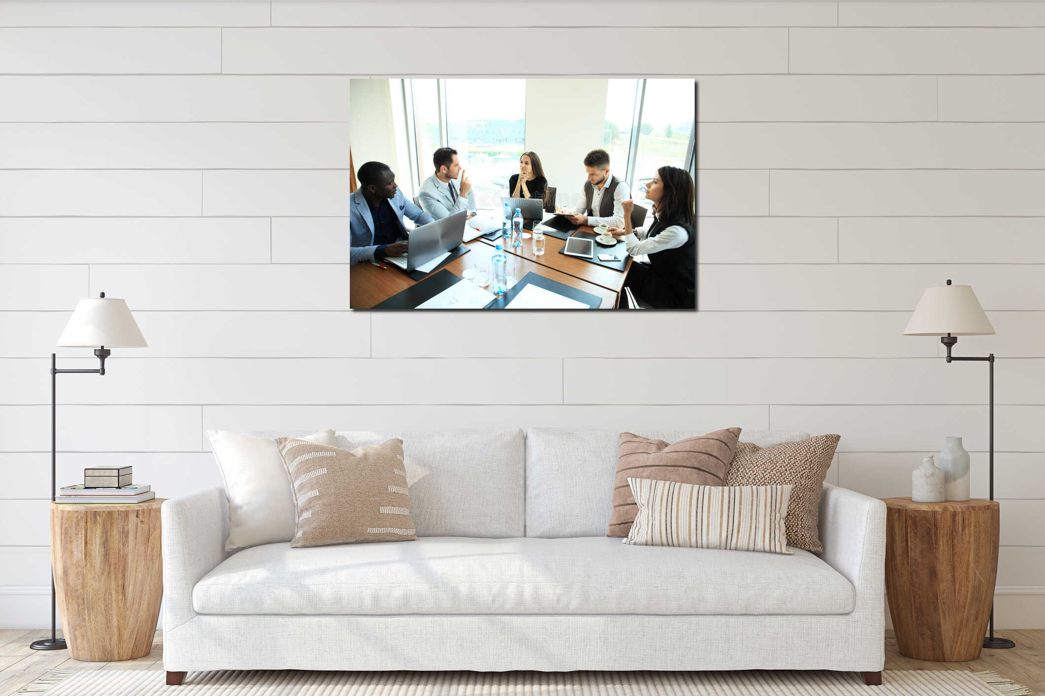 Entrepreneurs and business people conference in modern meeting room. interior mockup