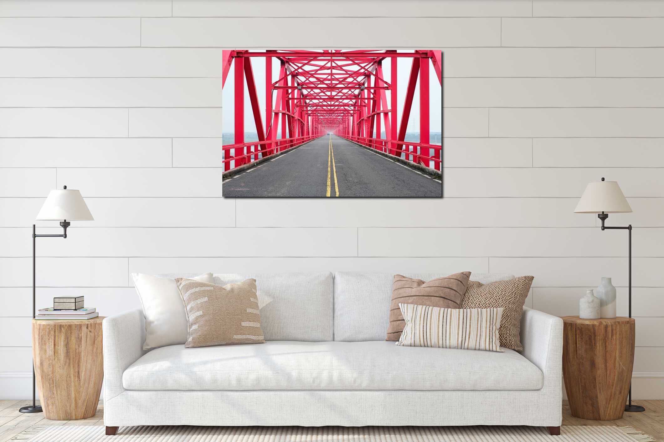 Symmetrical red steel structure construction of bridge and road in, Taiwan interior mockup