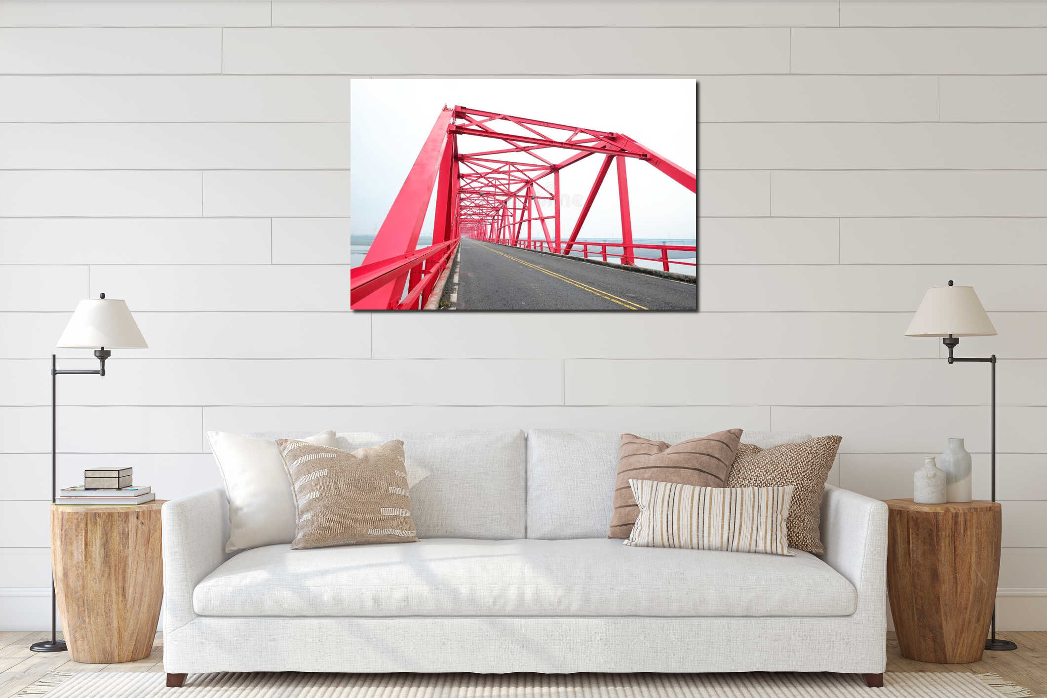 Symmetrical red steel structure construction of bridge and road in, Taiwan interior mockup