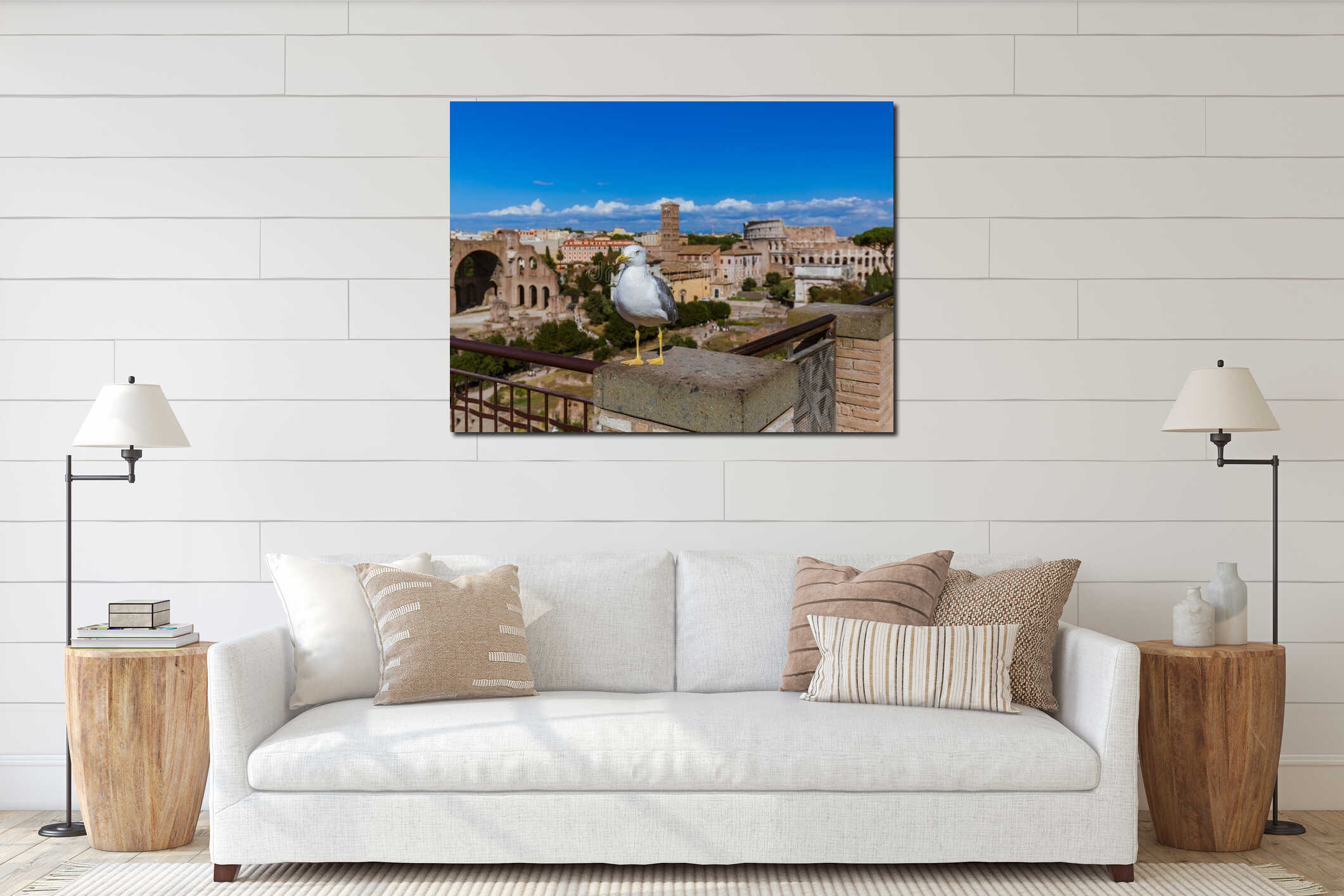Seagull and Roman ruins in Rome Italy interior mockup